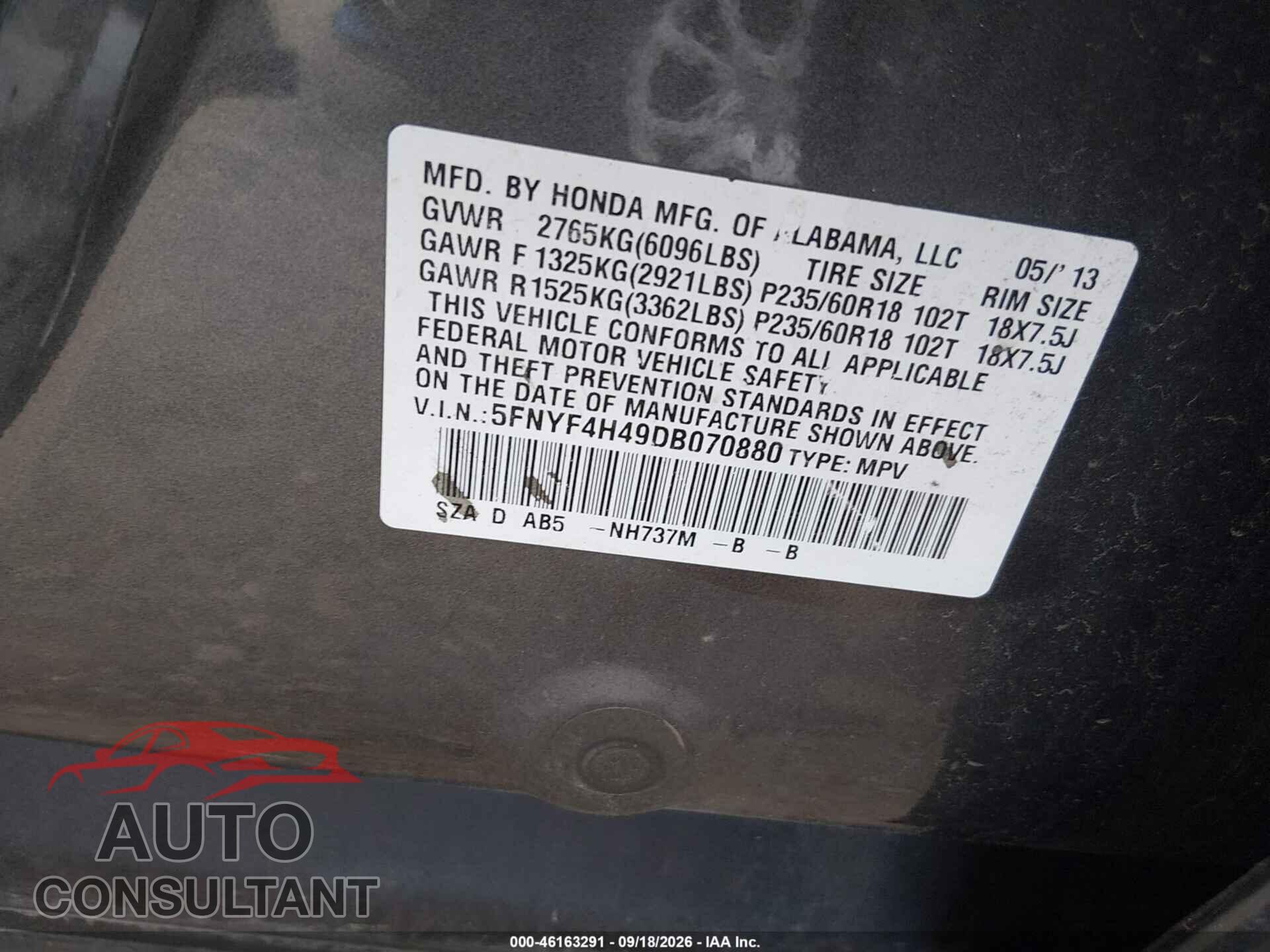 HONDA PILOT 2013 - 5FNYF4H49DB070880