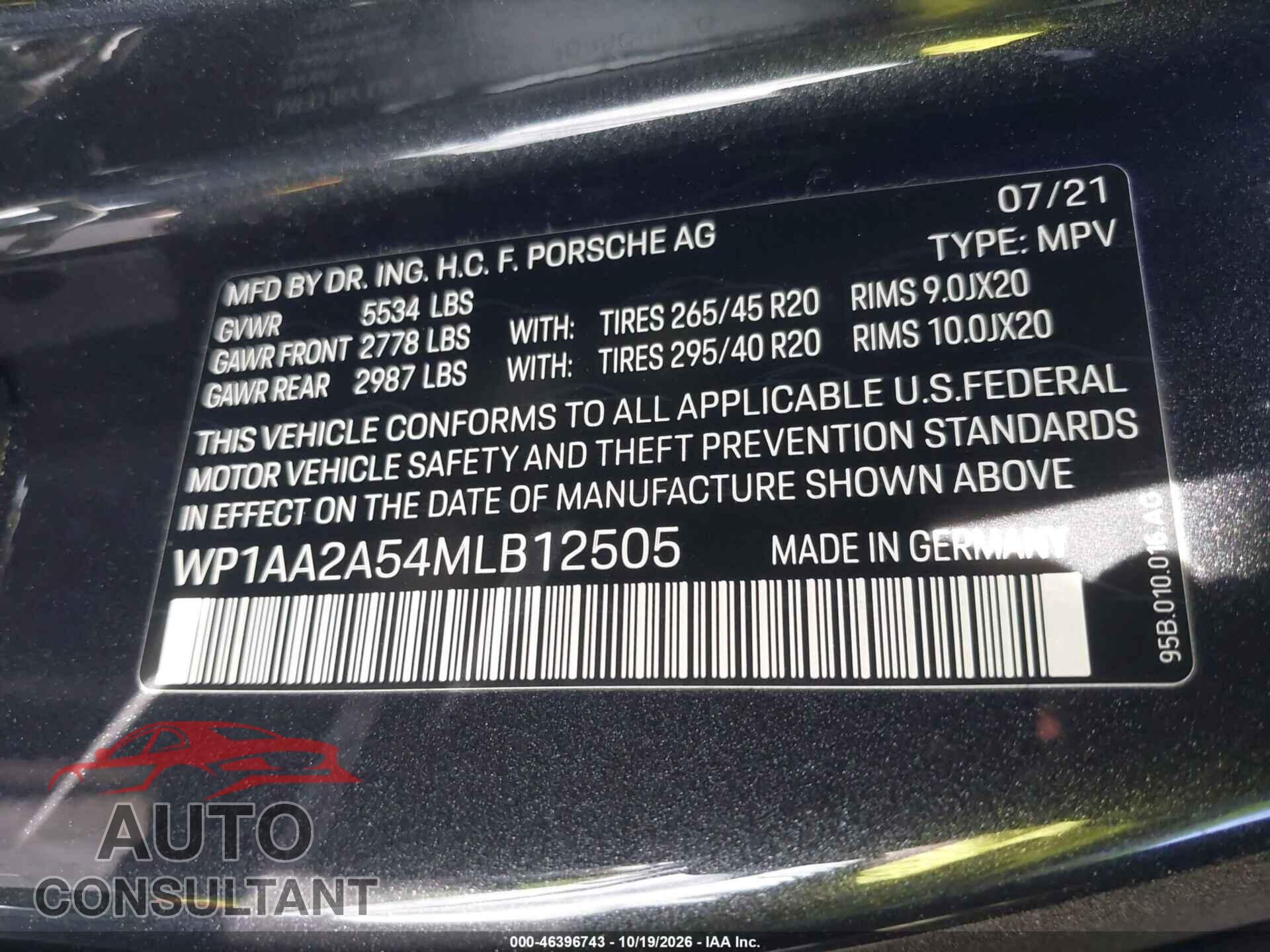 PORSCHE MACAN 2021 - WP1AA2A54MLB12505
