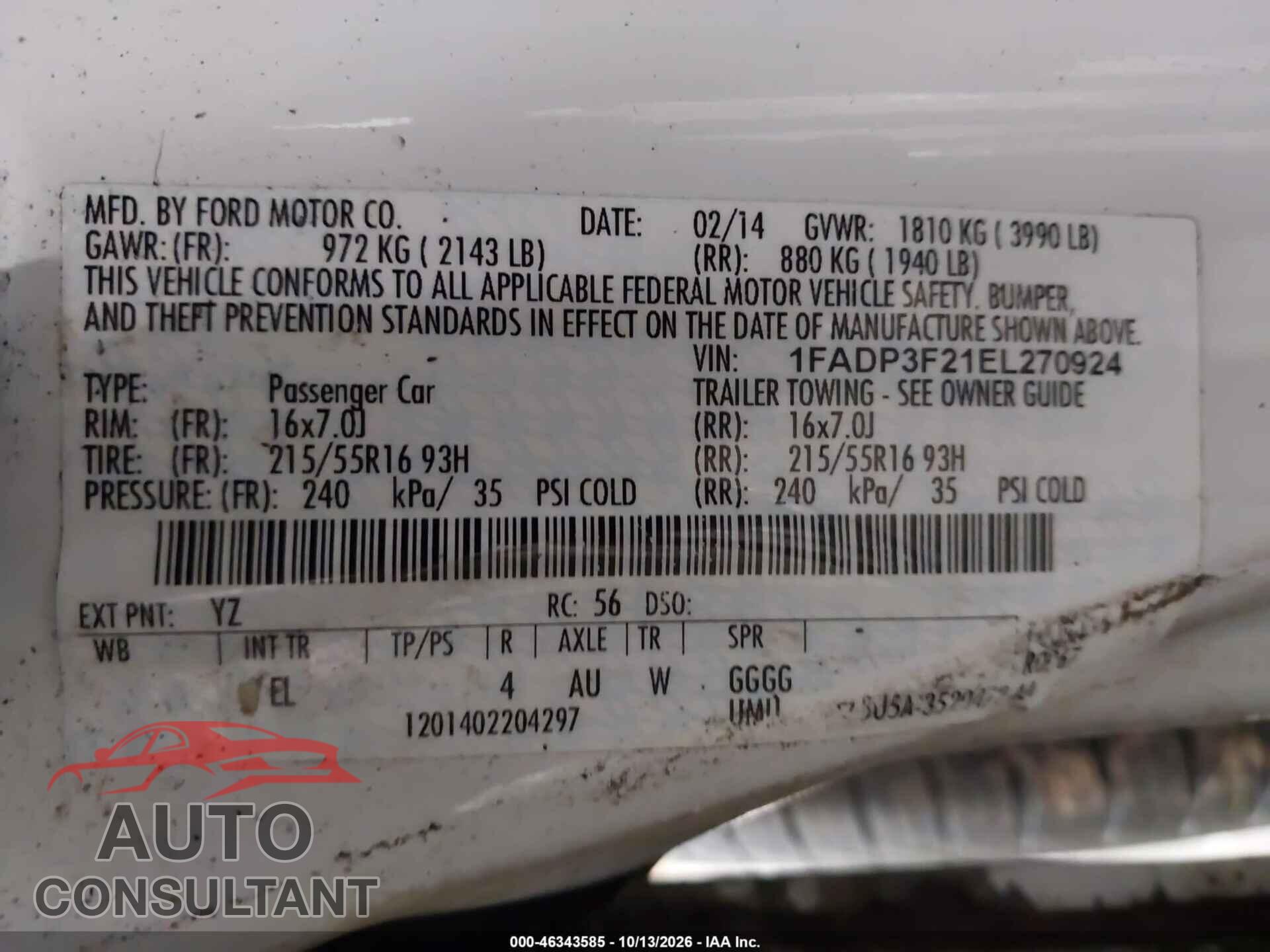 FORD FOCUS 2014 - 1FADP3F21EL270924