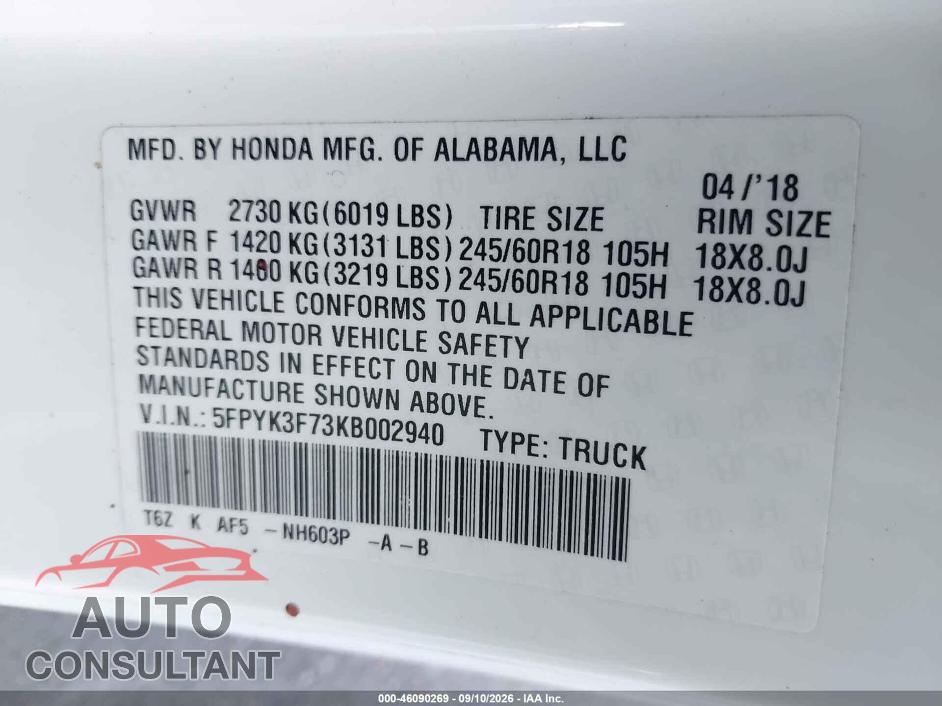 HONDA RIDGELINE 2019 - 5FPYK3F73KB002940