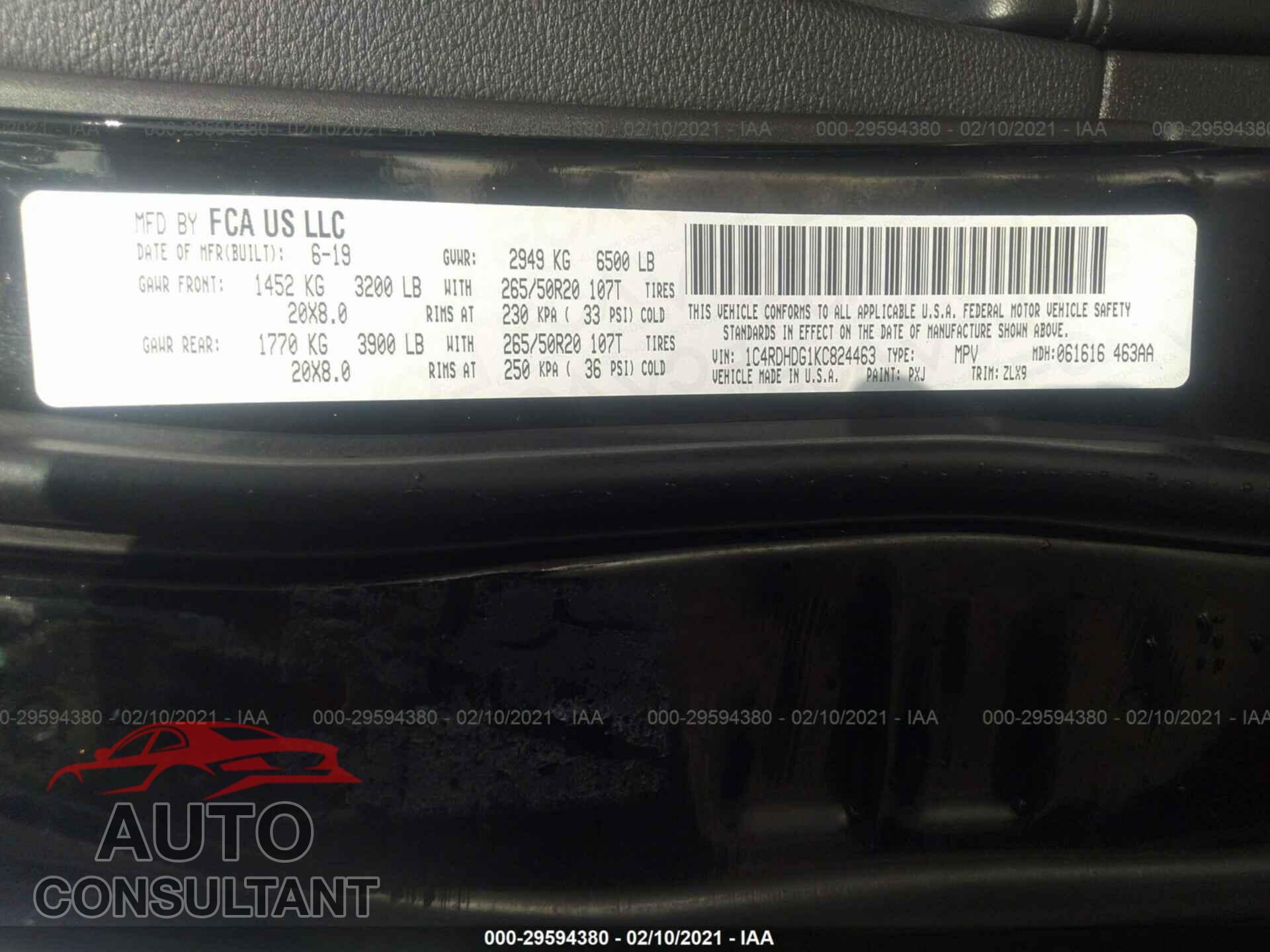 DODGE DURANGO 2019 - 1C4RDHDG1KC824463