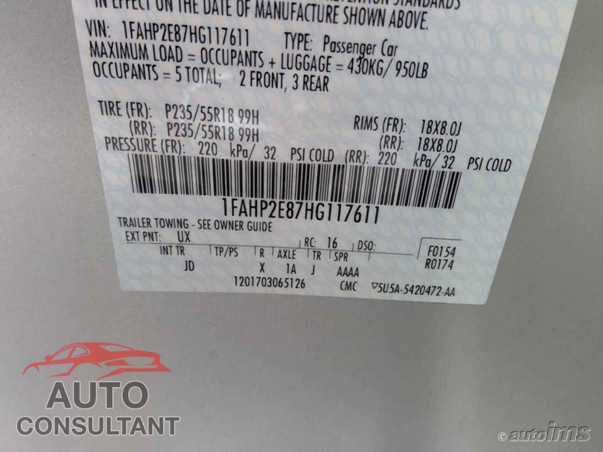 FORD TAURUS 2017 - 1FAHP2E87HG117611