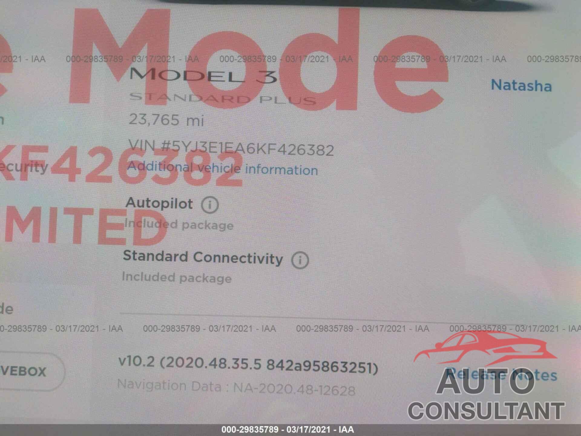 TESLA MODEL 3 2019 - 5YJ3E1EA6KF426382