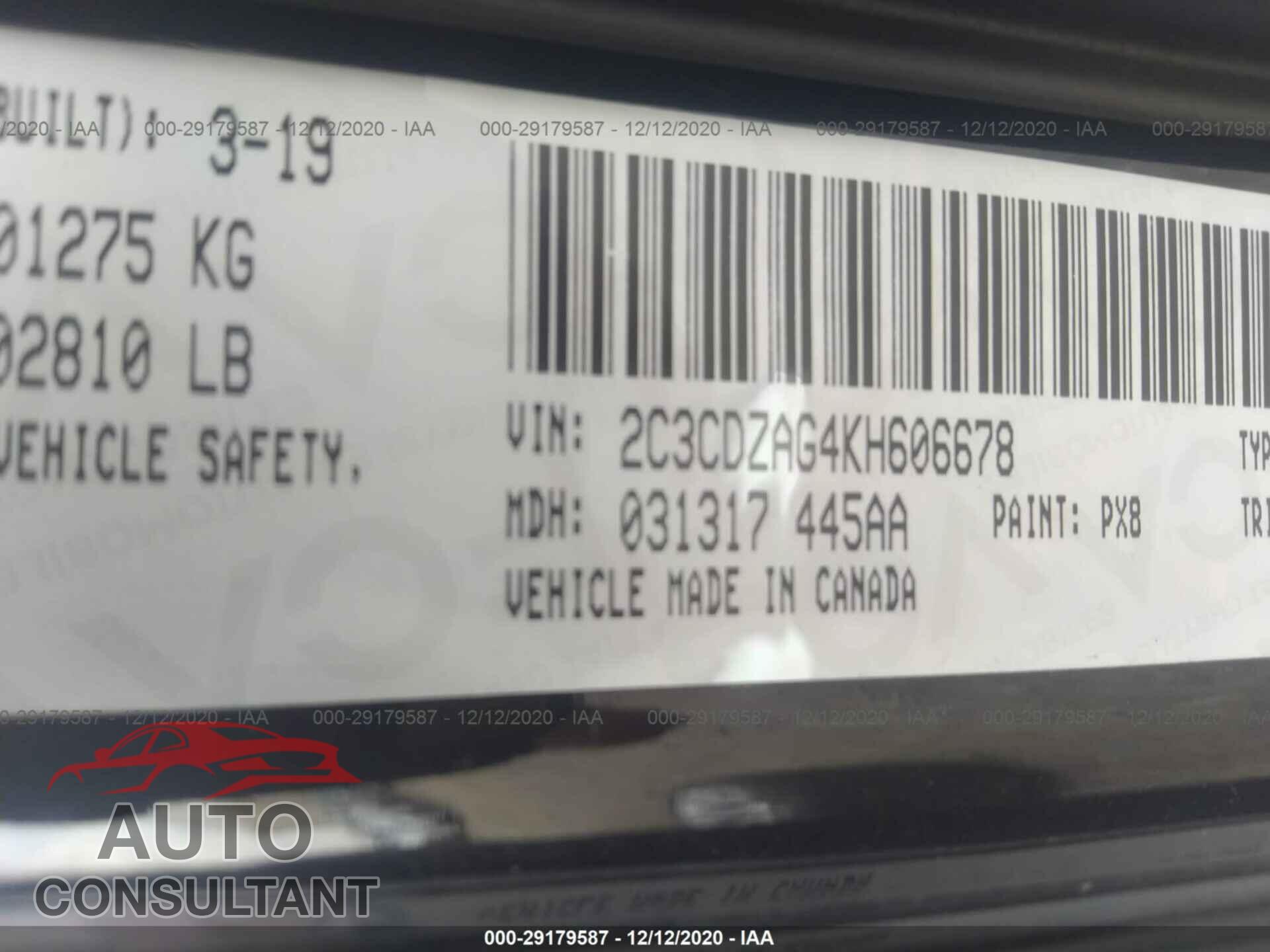 DODGE CHALLENGER 2019 - 2C3CDZAG4KH606678