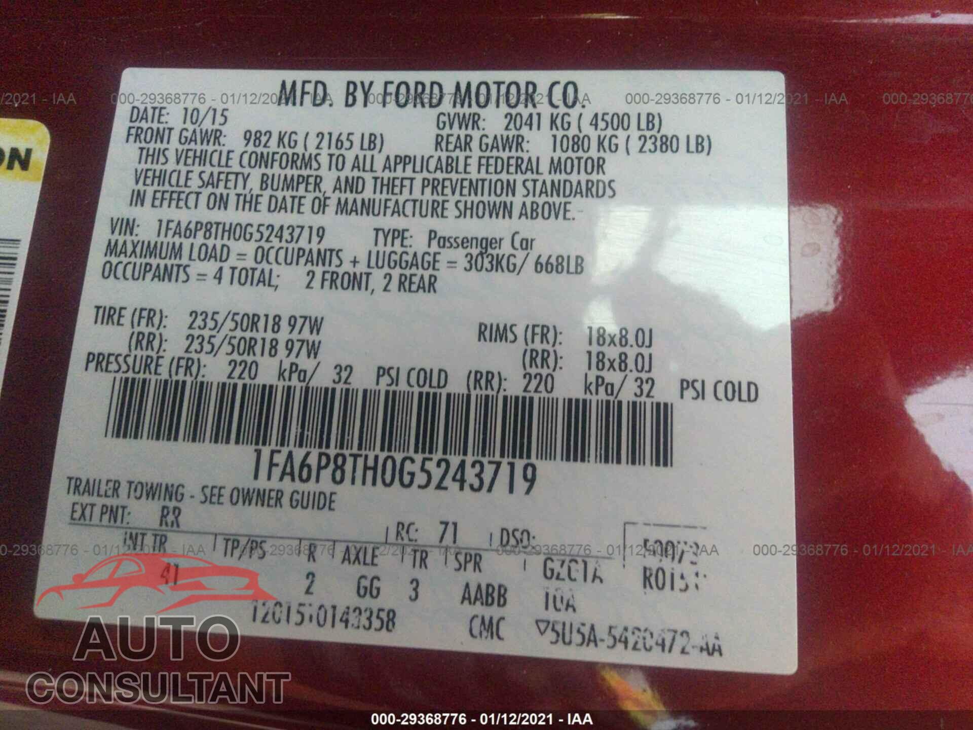 FORD MUSTANG 2016 - 1FA6P8TH0G5243719