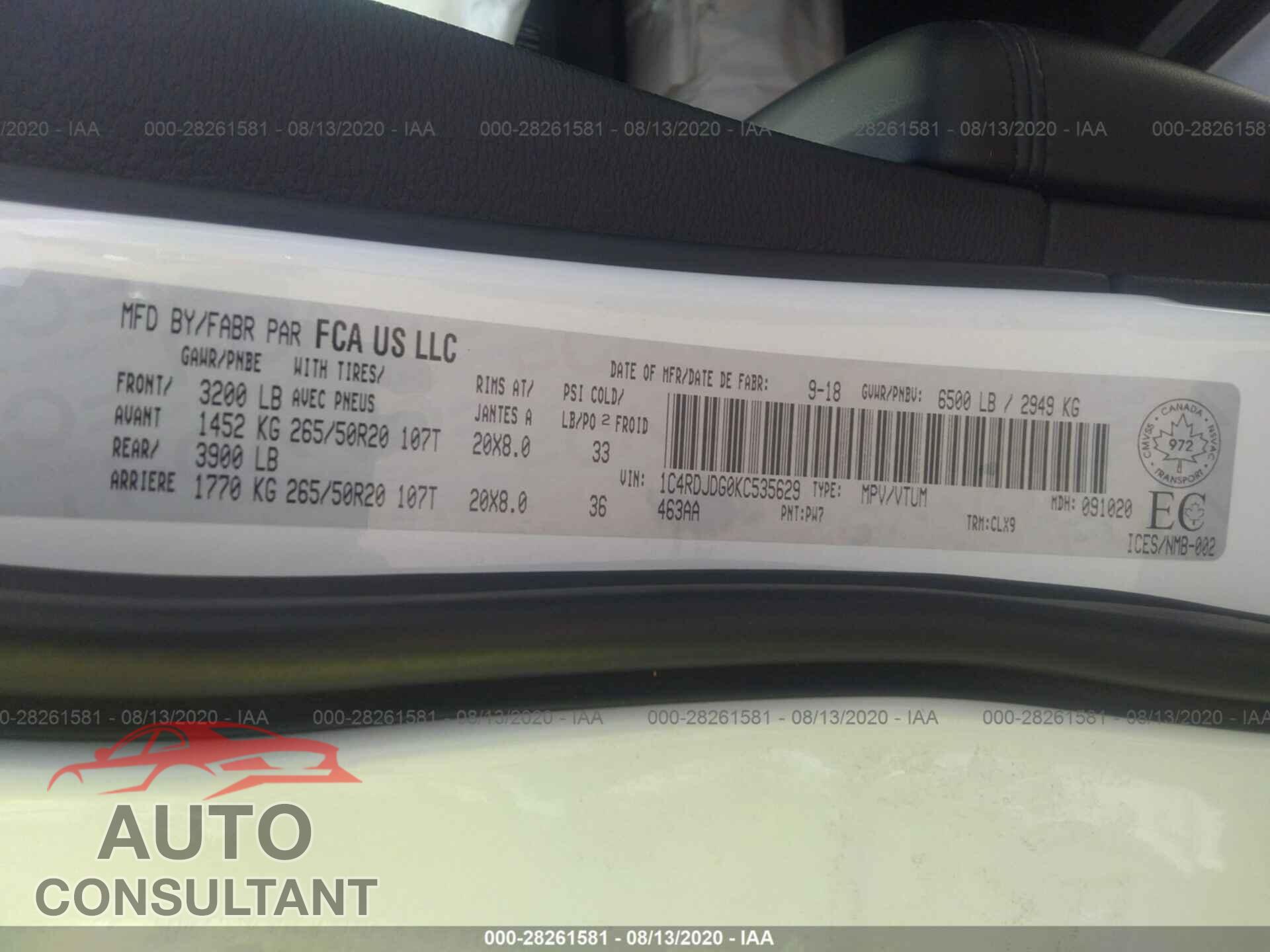 DODGE DURANGO 2019 - 1C4RDJDG0KC535629