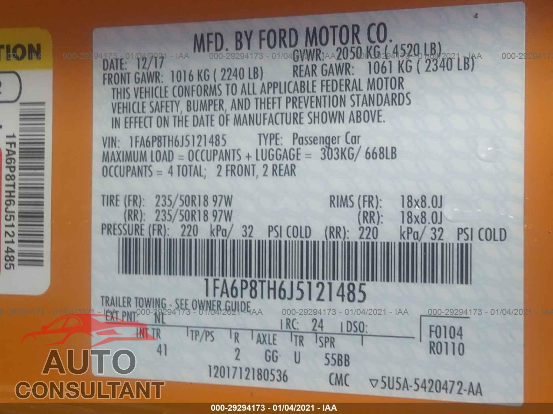 FORD MUSTANG 2018 - 1FA6P8TH6J5121485