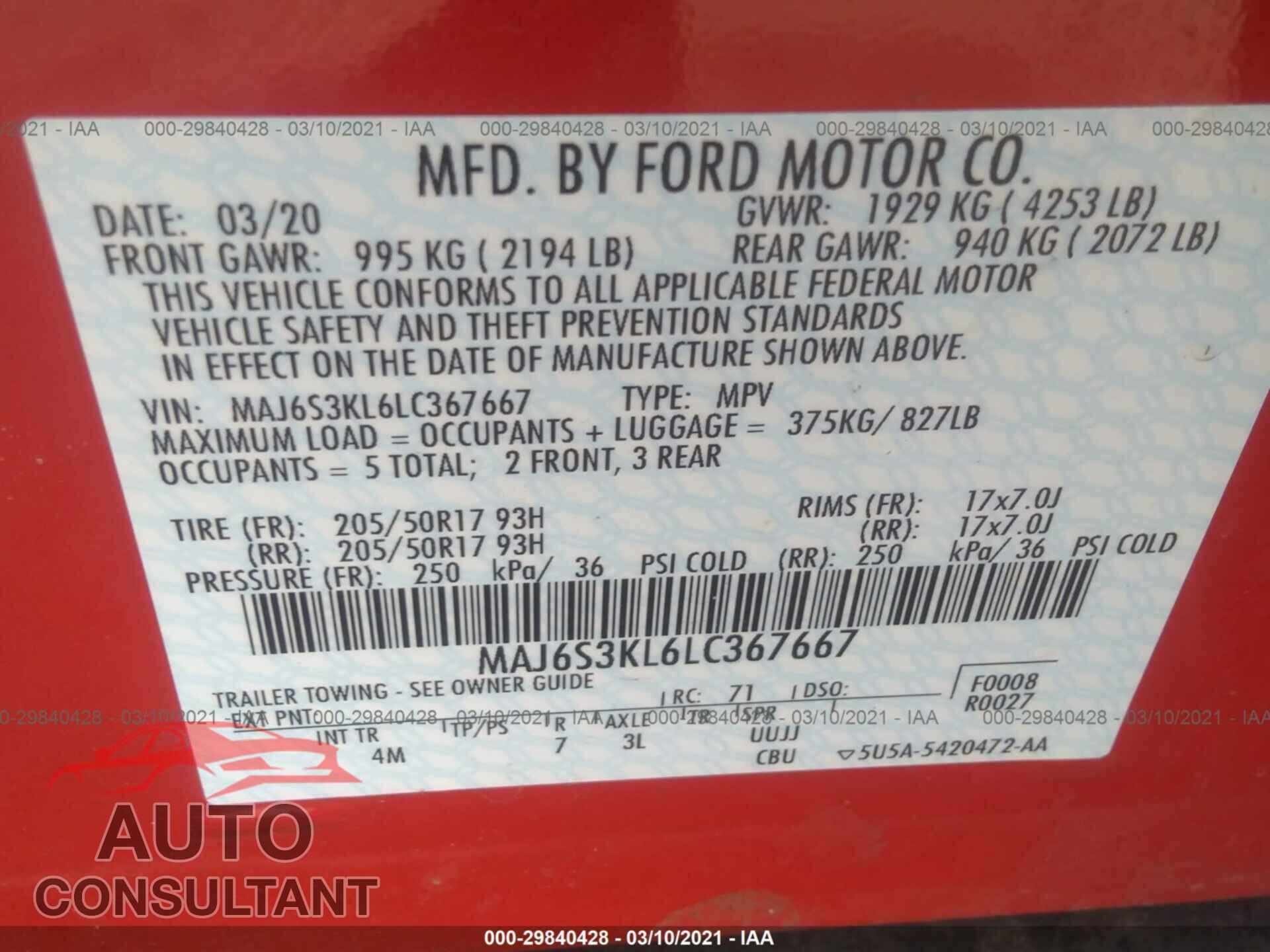 FORD ECOSPORT 2020 - MAJ6S3KL6LC367667