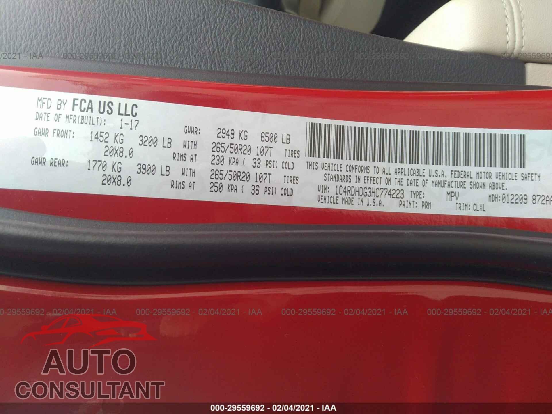DODGE DURANGO 2017 - 1C4RDHDG3HC774223