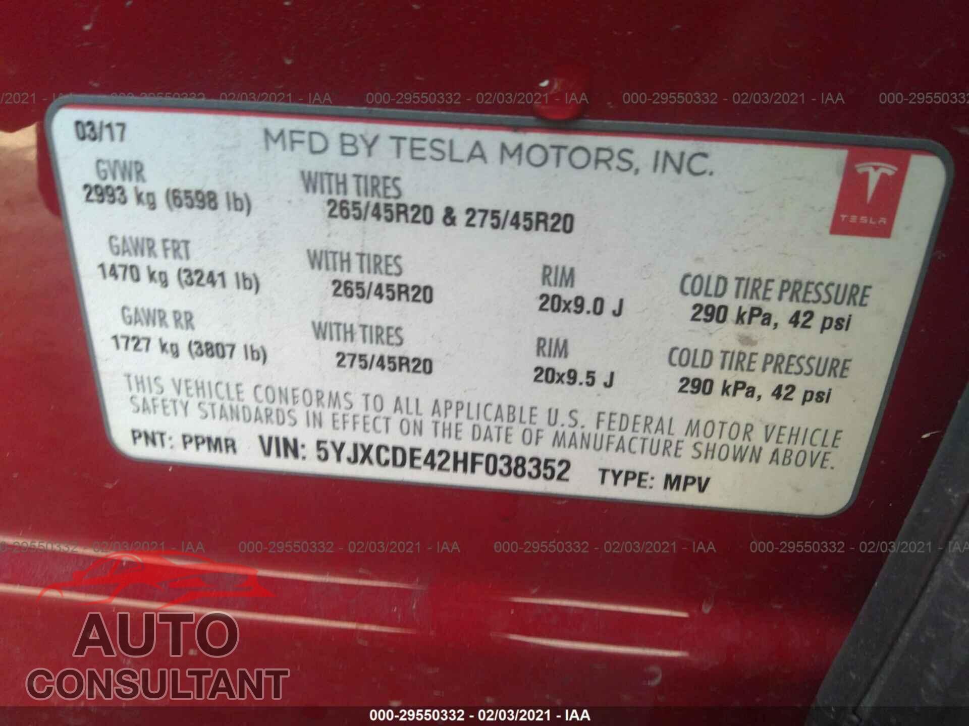TESLA MODEL X 2017 - 5YJXCDE42HF038352