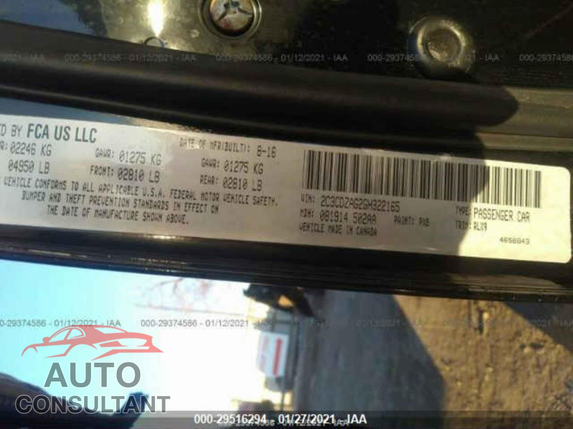 DODGE CHALLENGER 2016 - 2C3CDZAG2GH322165