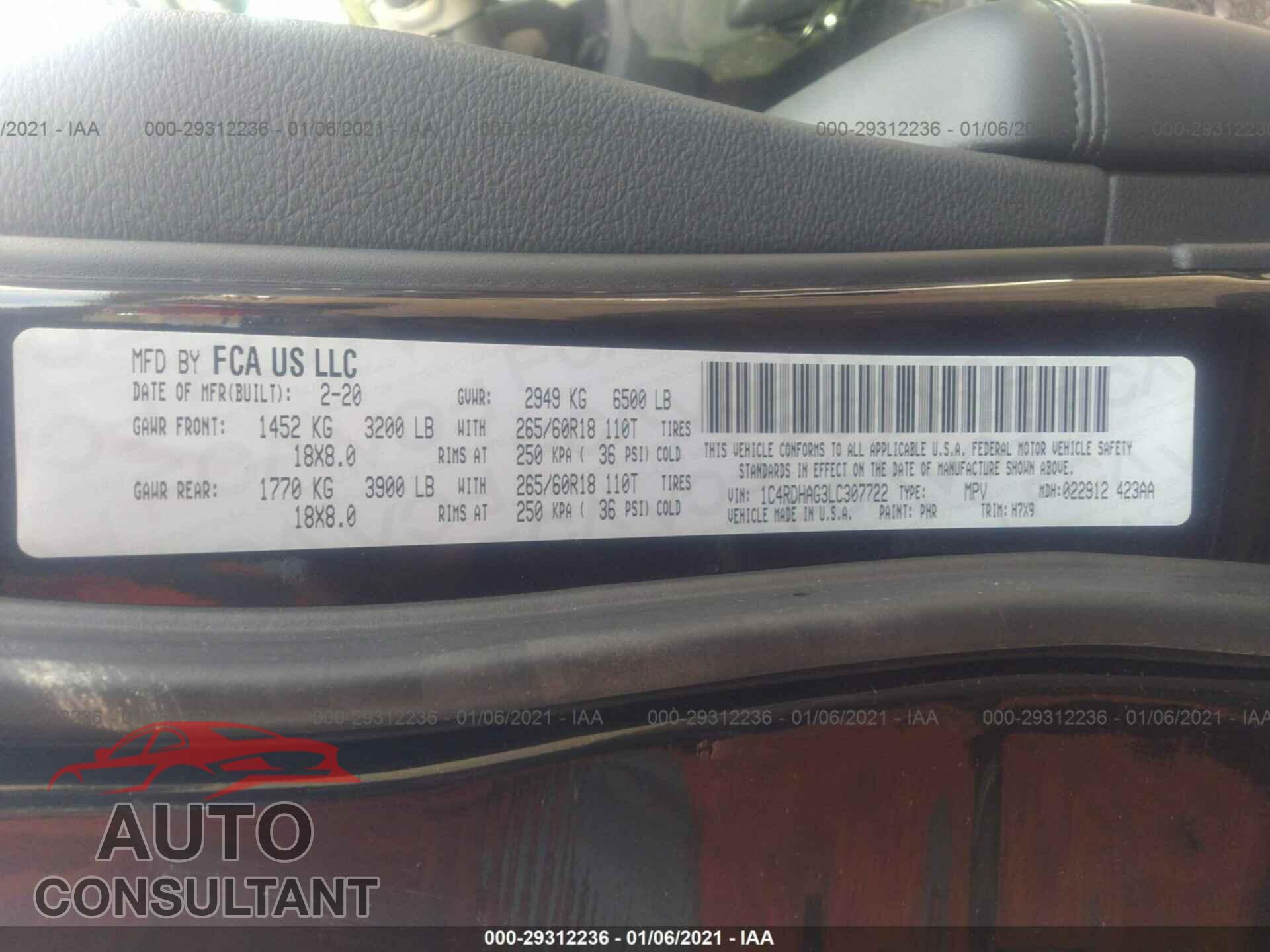 DODGE DURANGO 2020 - 1C4RDHAG3LC307722