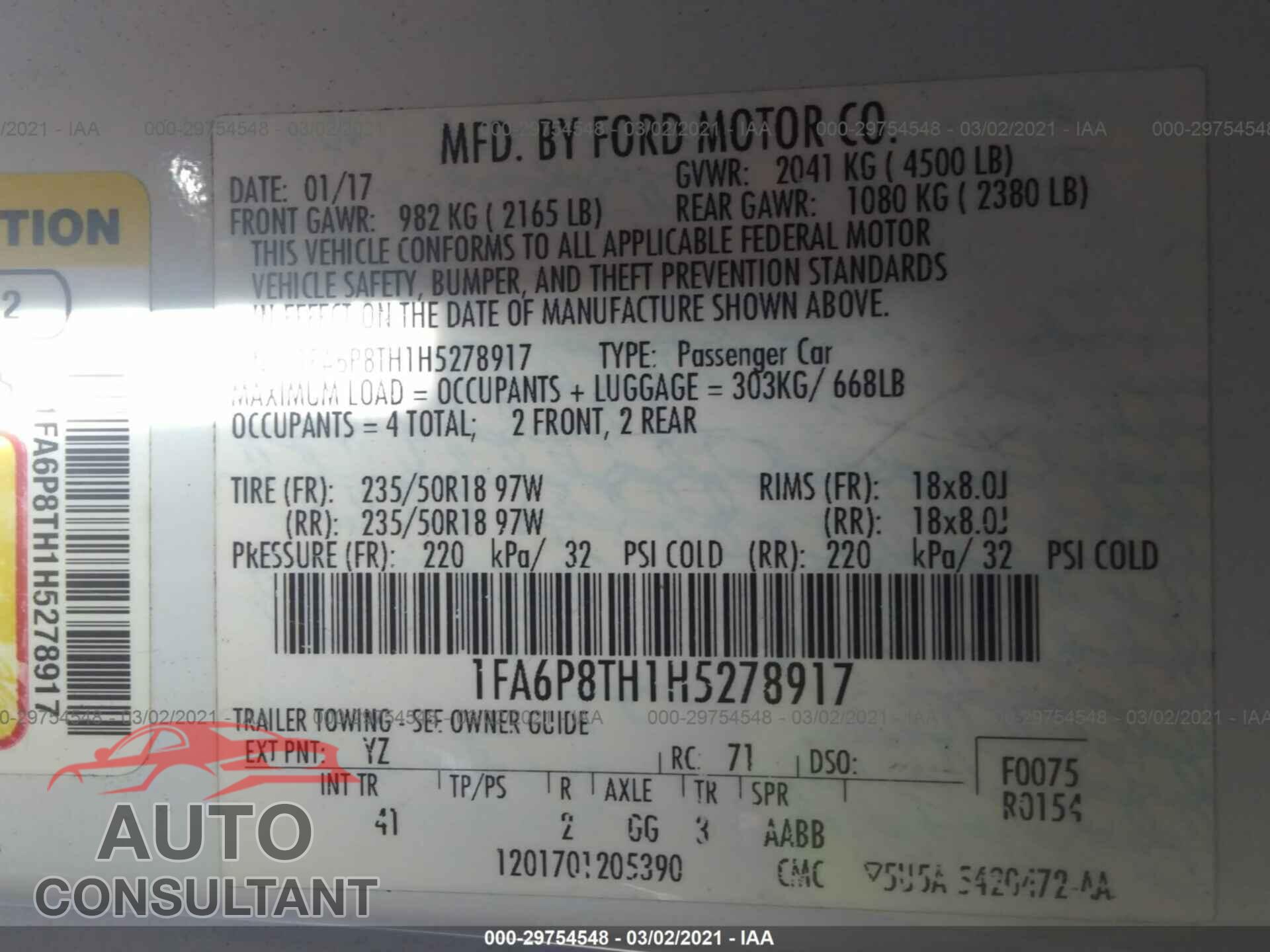 FORD MUSTANG 2017 - 1FA6P8TH1H5278917