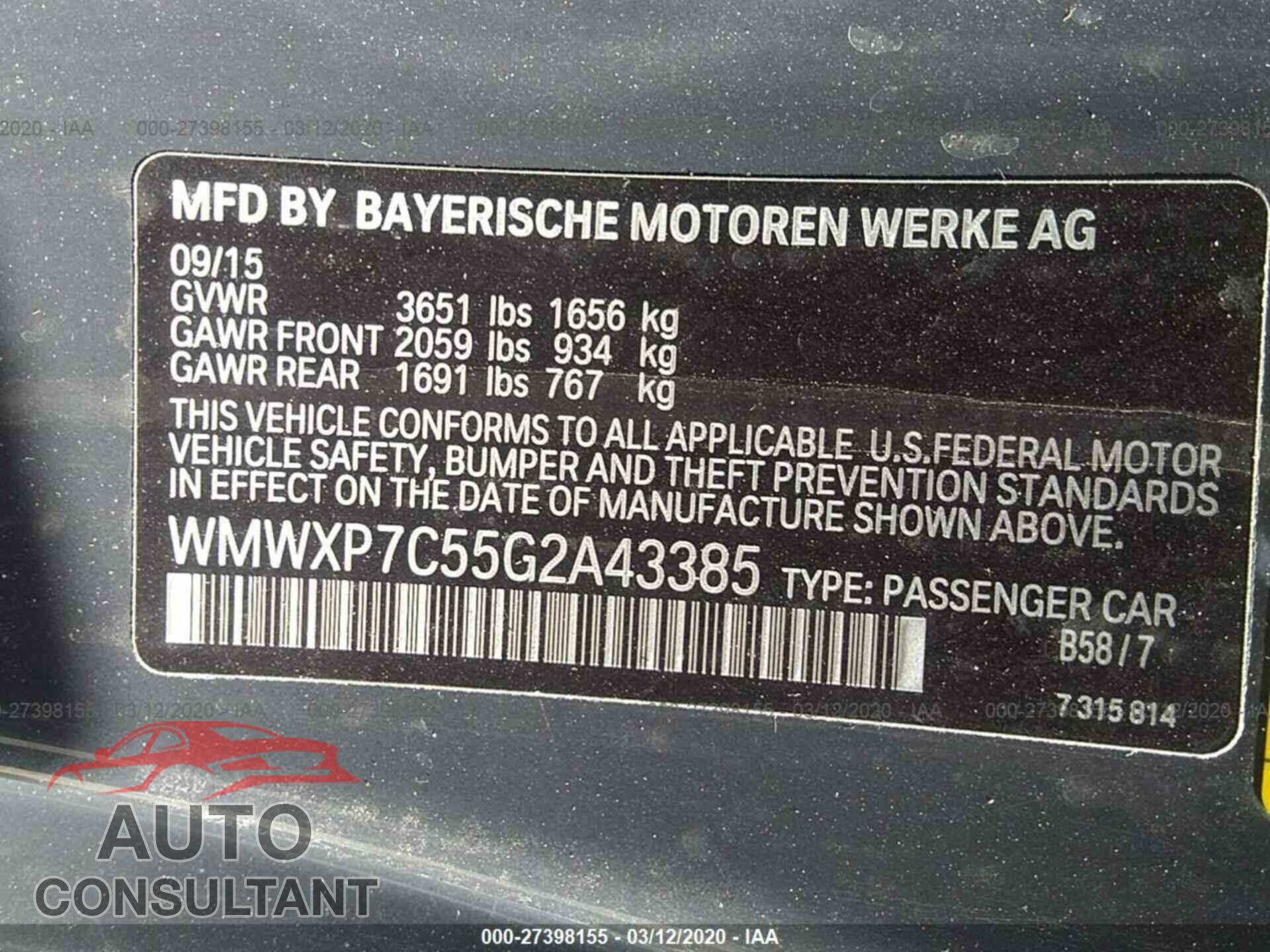 MINI COOPER 2016 - WMWXP7C55G2A43385