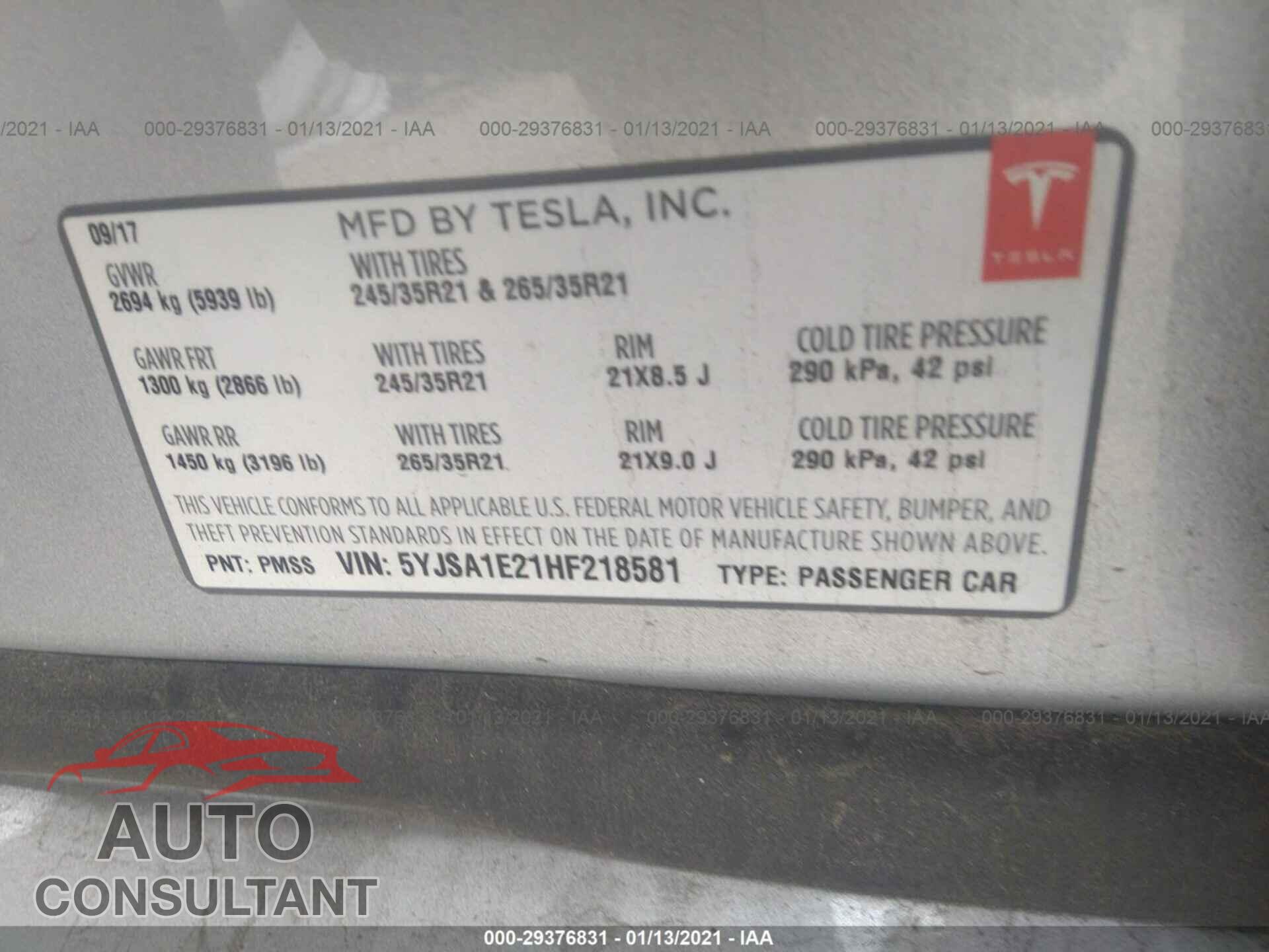 TESLA MODEL S 2017 - 5YJSA1E21HF218581