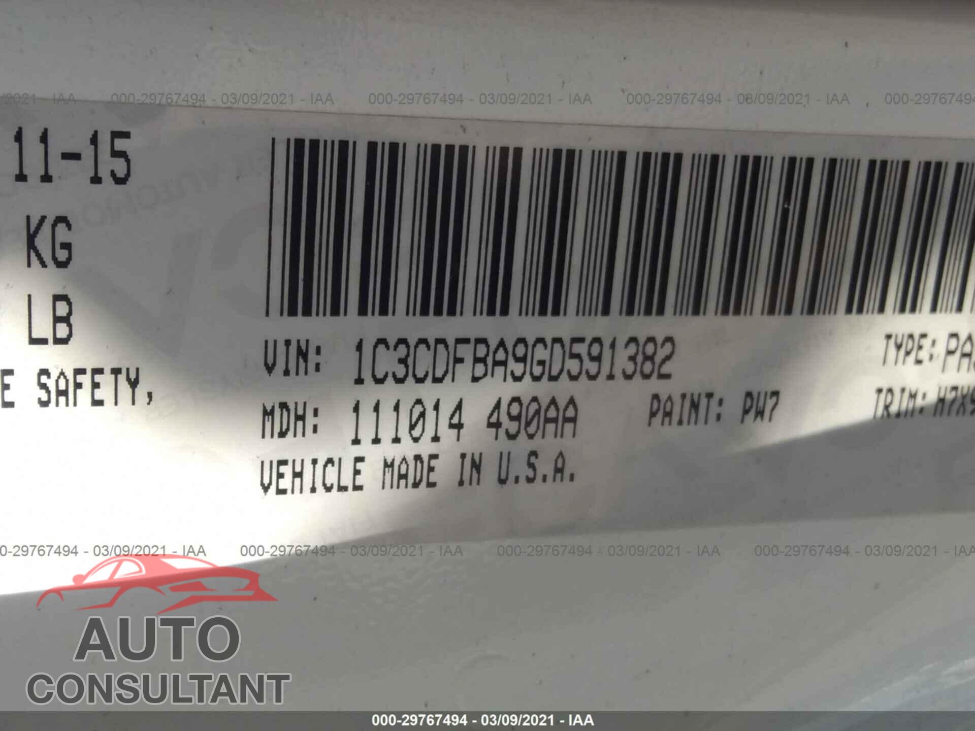 DODGE DART 2016 - 1C3CDFBA9GD591382