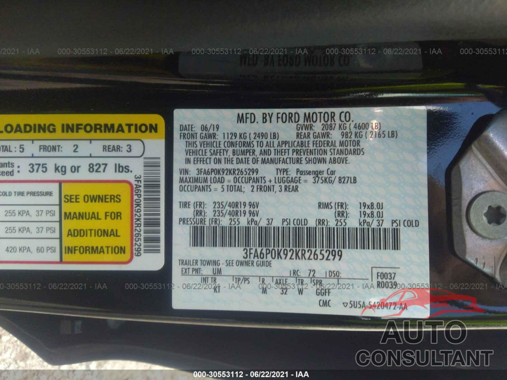 FORD FUSION 2019 - 3FA6P0K92KR265299