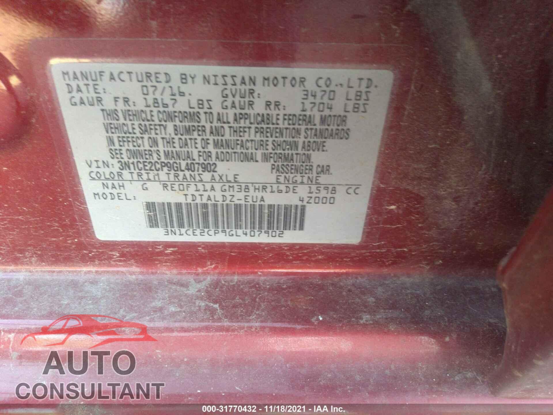 NISSAN VERSA NOTE 2016 - 3N1CE2CP9GL407902