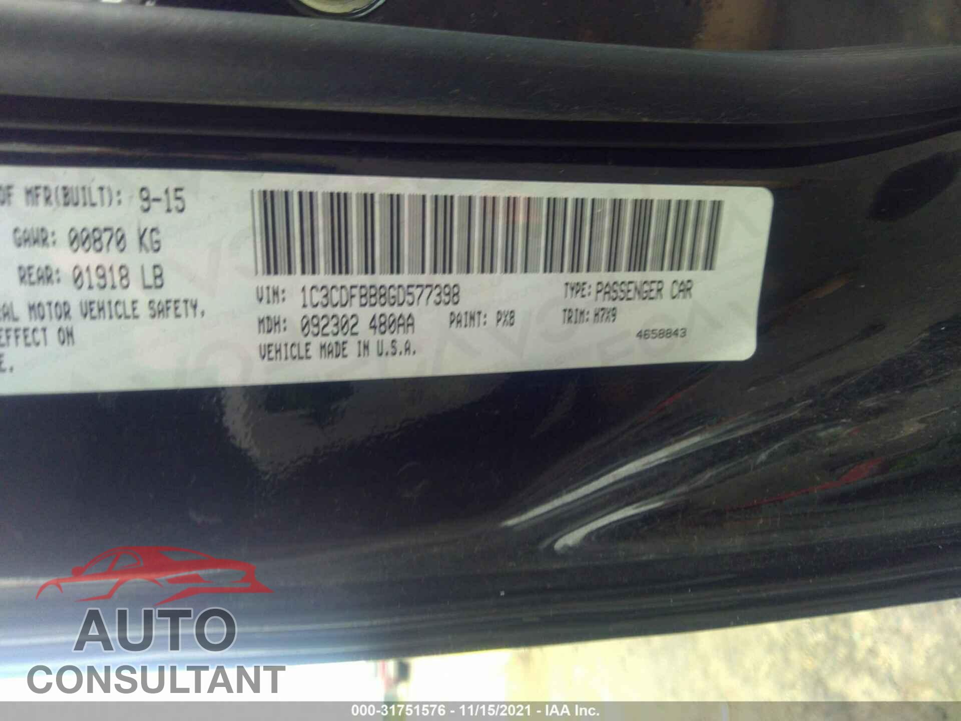 DODGE DART 2016 - 1C3CDFBB8GD577398