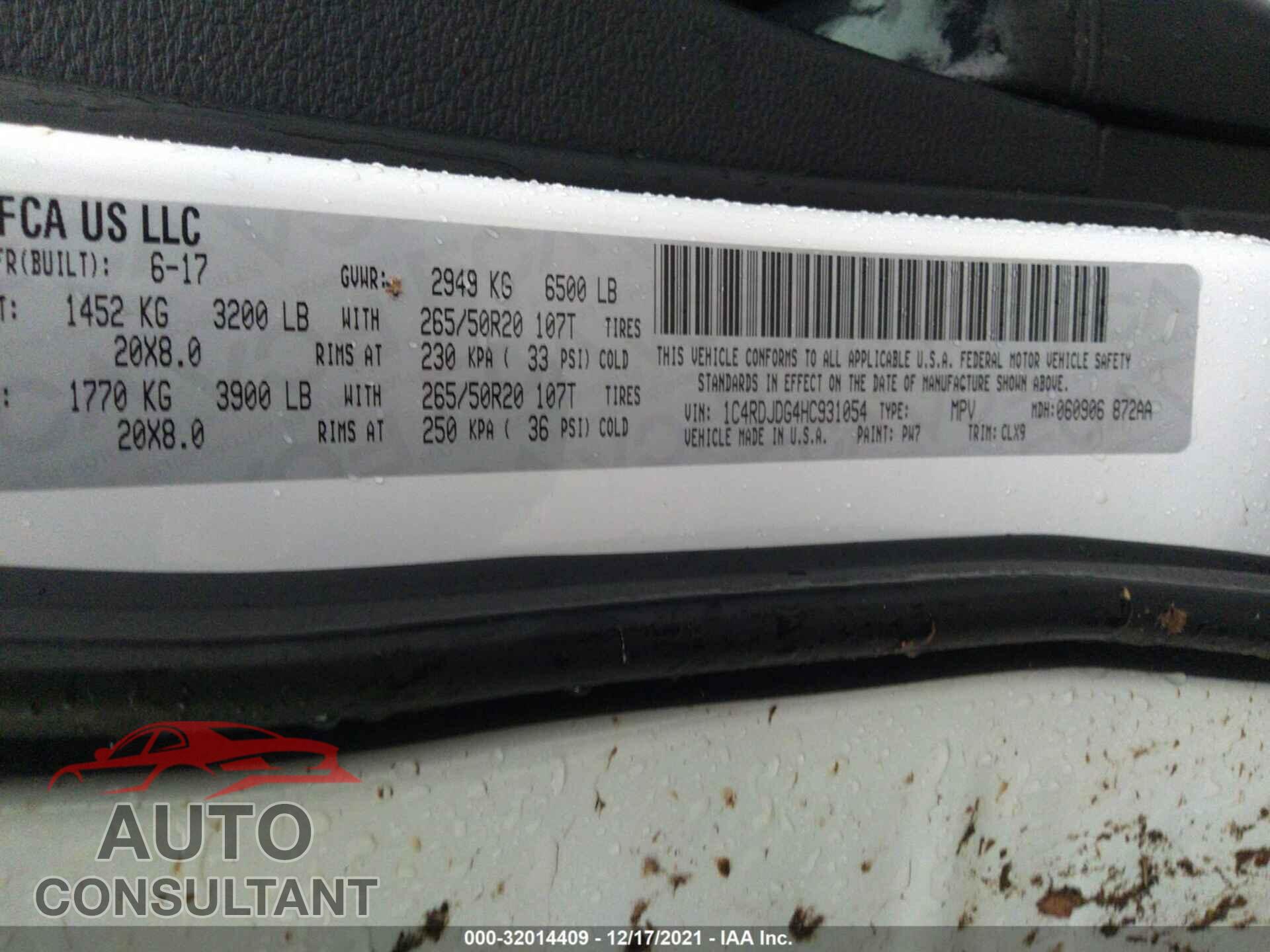 DODGE DURANGO 2017 - 1C4RDJDG4HC931054