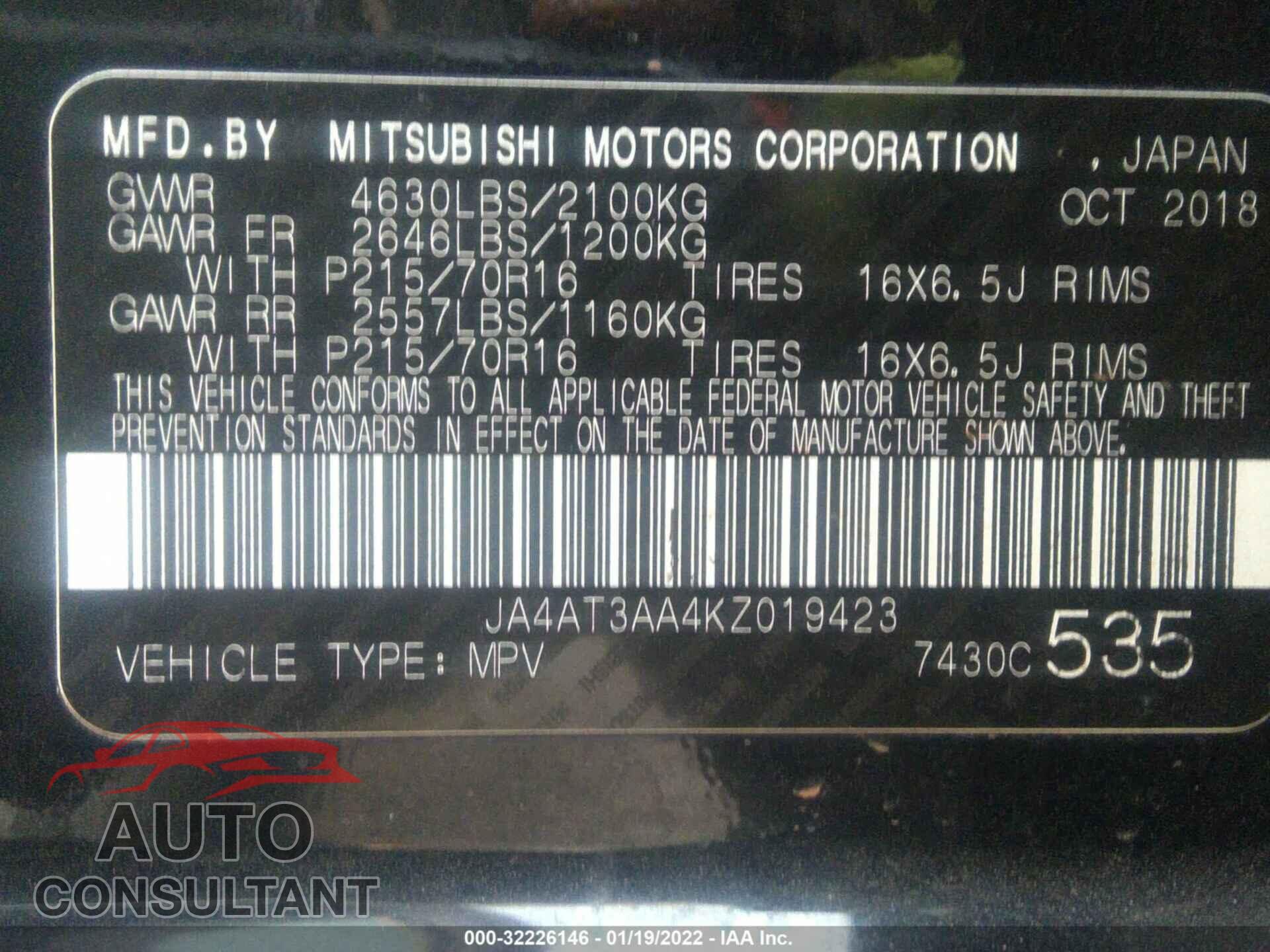 MITSUBISHI ECLIPSE CROSS 2019 - JA4AT3AA4KZ019423
