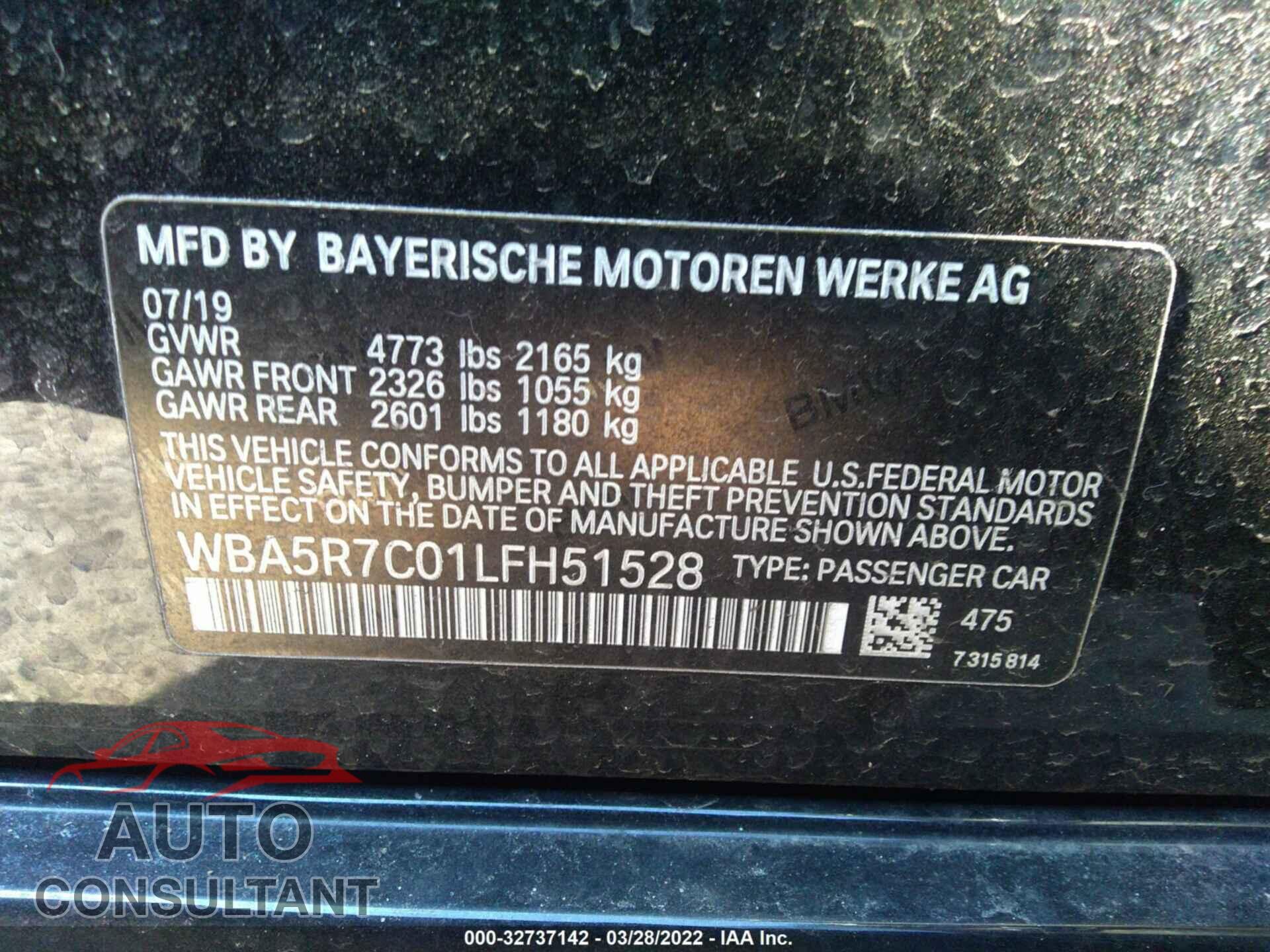 BMW 3 SERIES 2020 - WBA5R7C01LFH51528