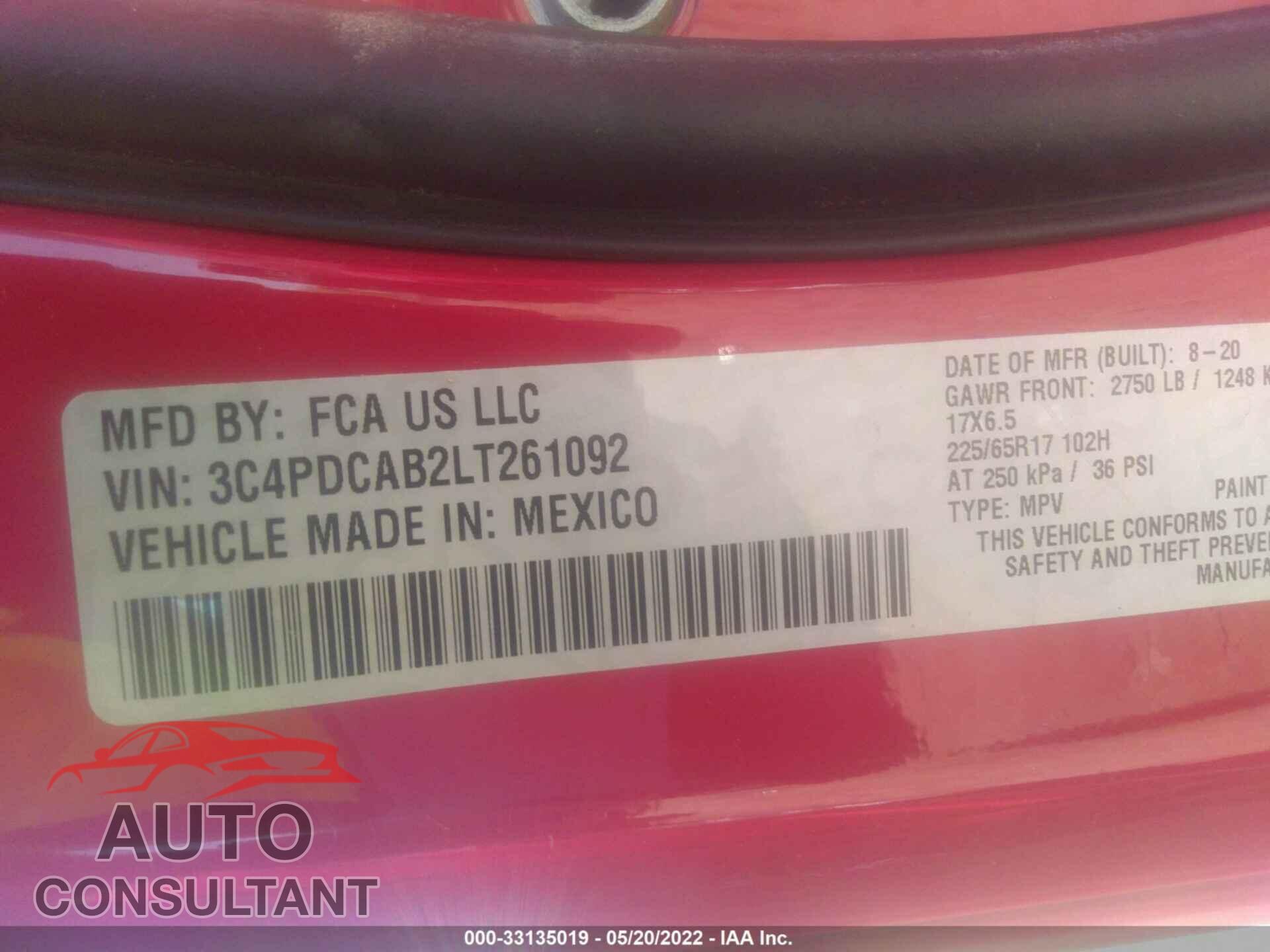 DODGE JOURNEY 2020 - 3C4PDCAB2LT261092