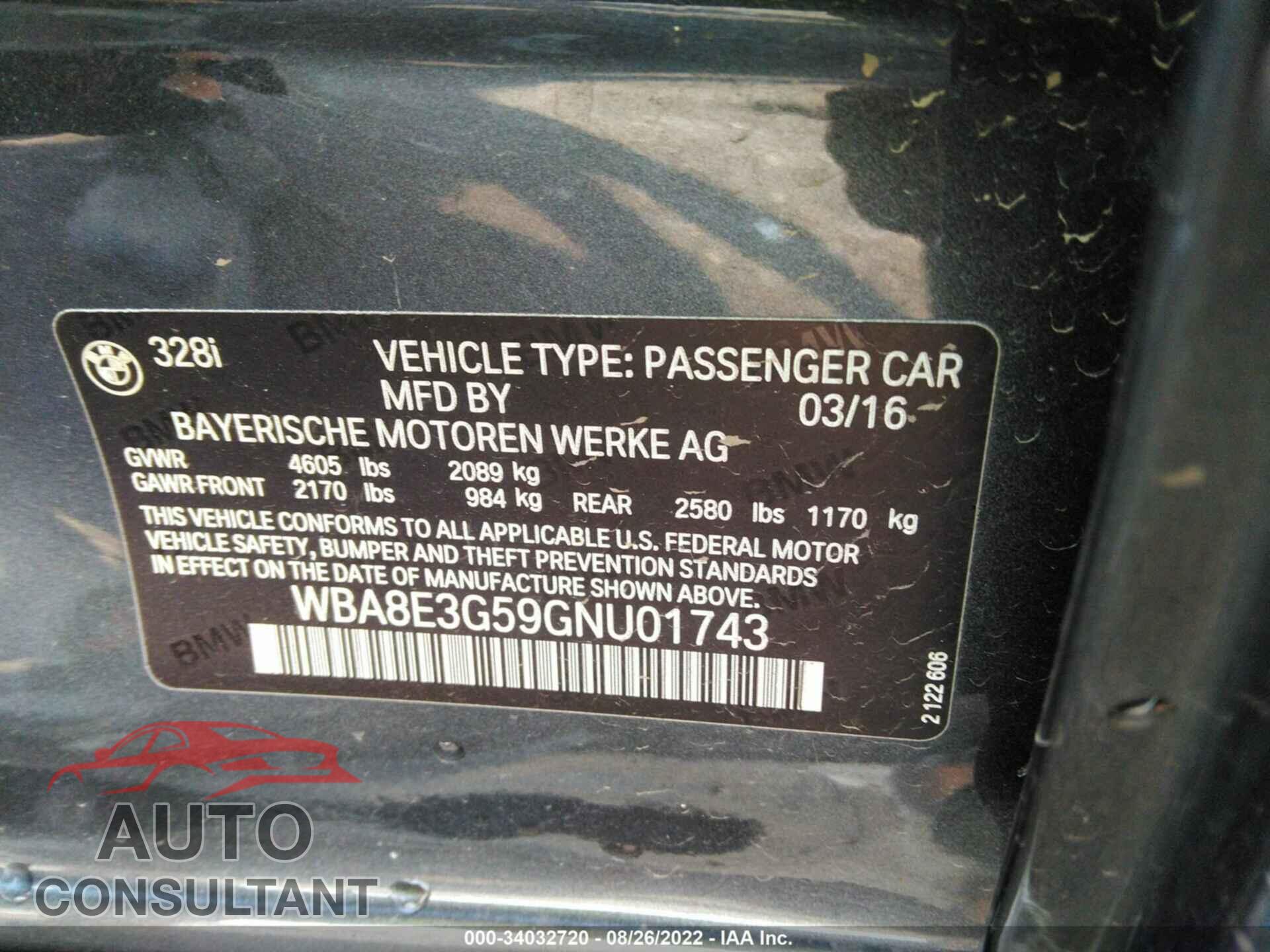 BMW 3 SERIES 2016 - WBA8E3G59GNU01743