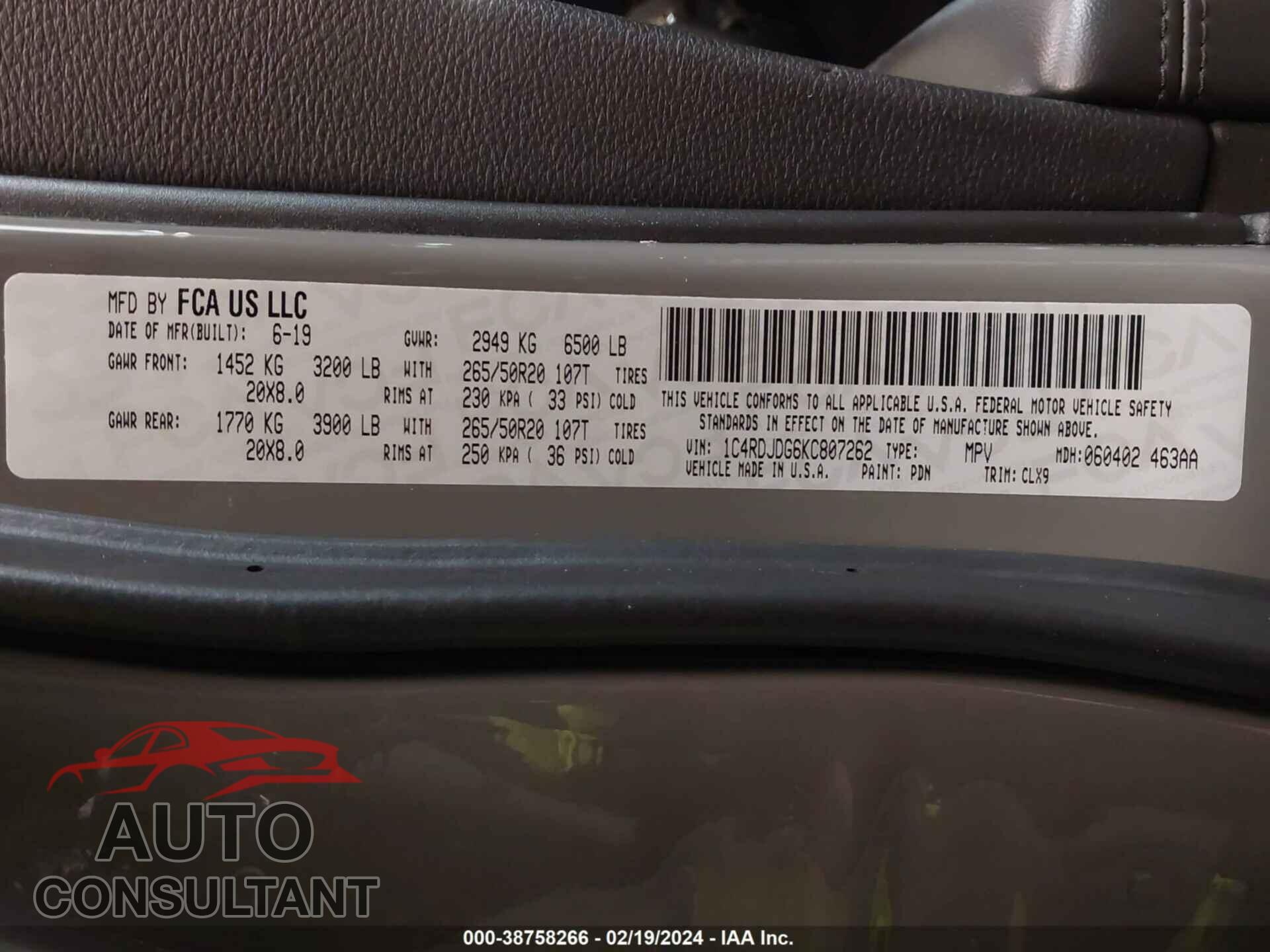 DODGE DURANGO 2019 - 1C4RDJDG6KC807262
