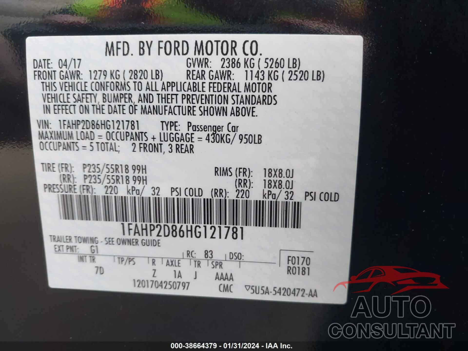 FORD TAURUS 2017 - 1FAHP2D86HG121781