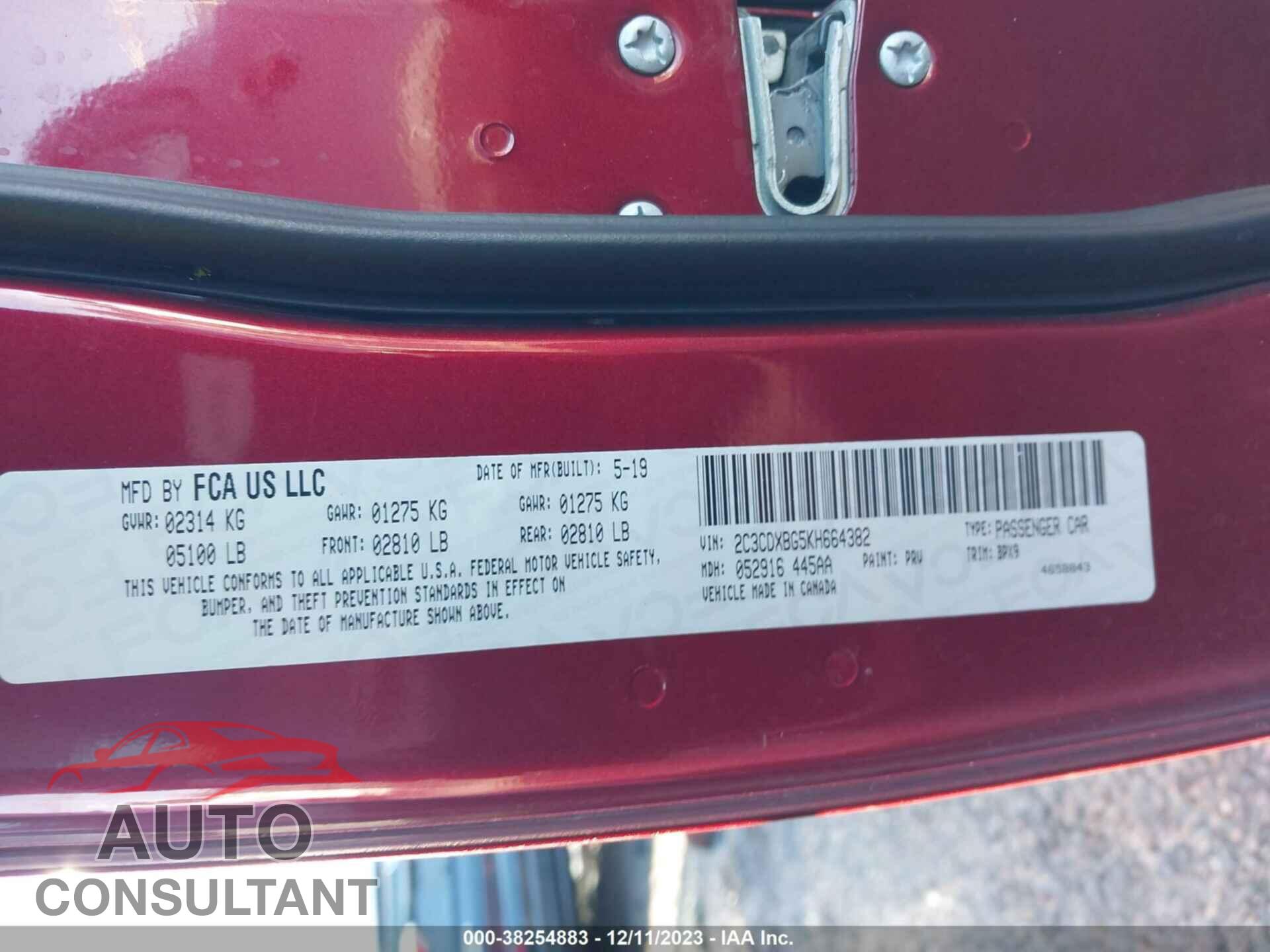 DODGE CHARGER 2019 - 2C3CDXBG5KH664382