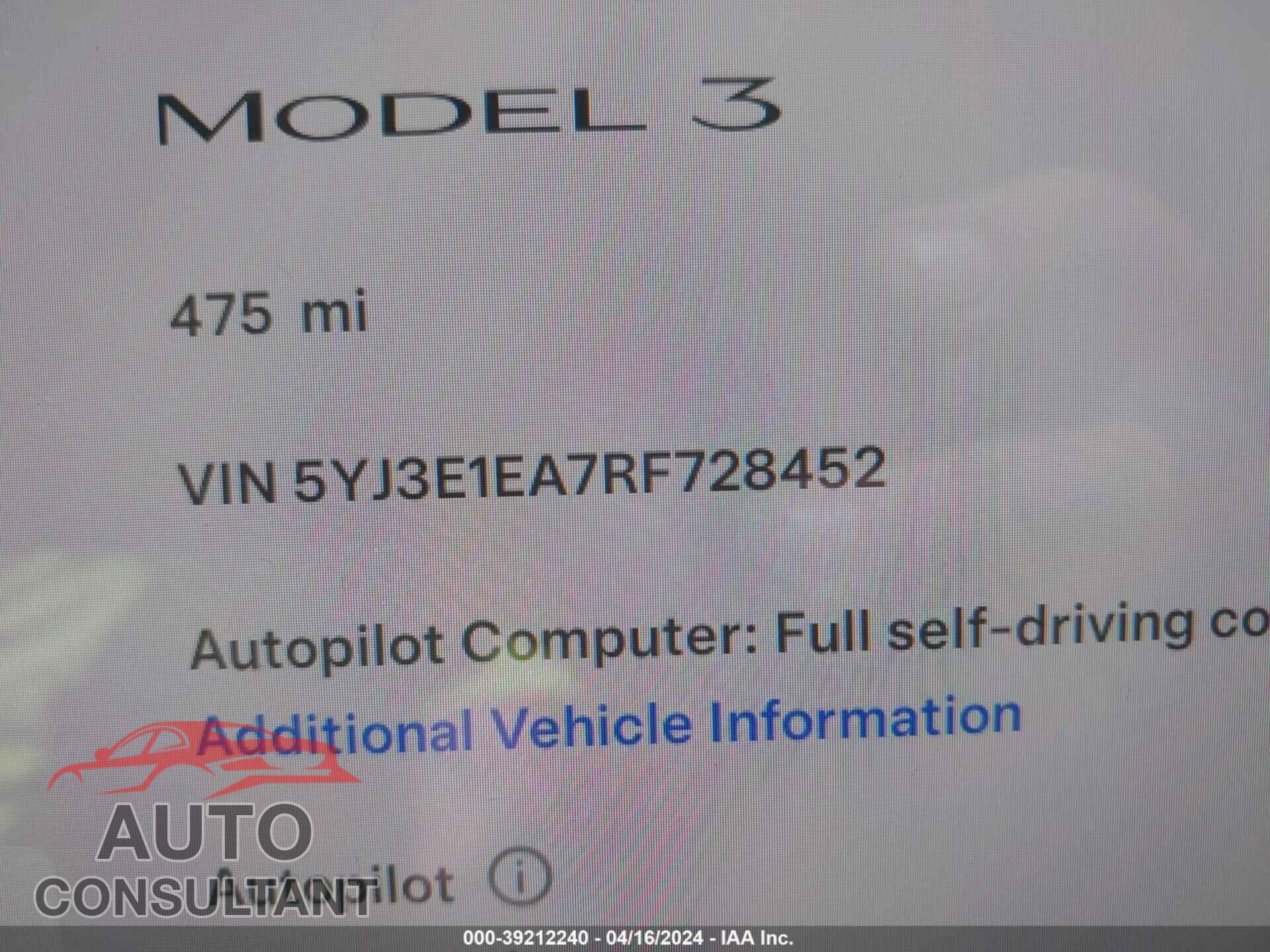 TESLA MODEL 3 2024 - 5YJ3E1EA7RF728452