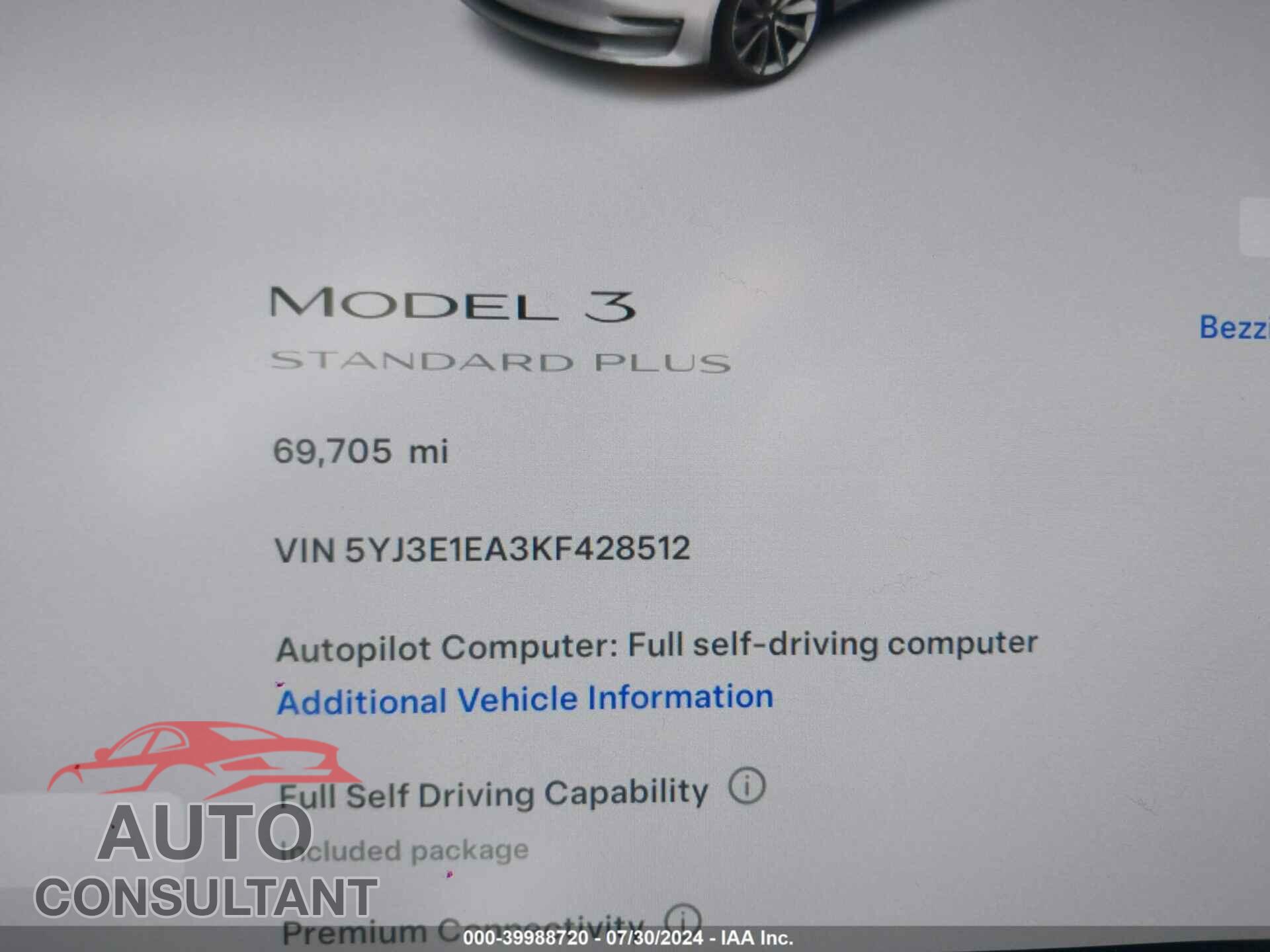 TESLA MODEL 3 2019 - 5YJ3E1EA3KF428512