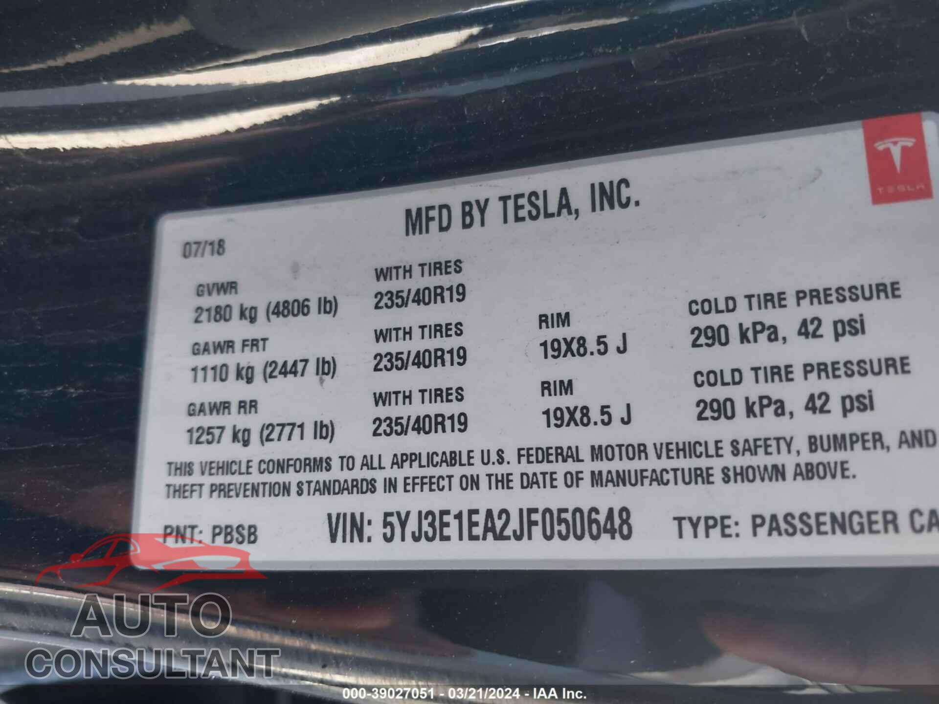 TESLA MODEL 3 2018 - 5YJ3E1EA2JF050648