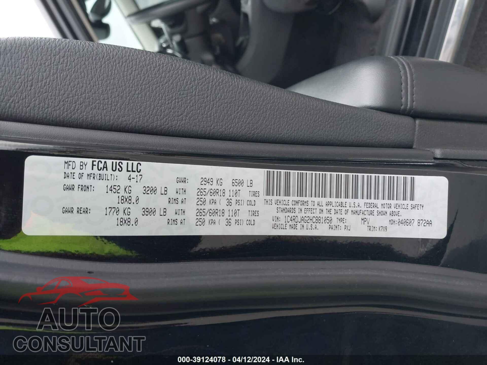 DODGE DURANGO 2017 - 1C4RDJAG2HC881050