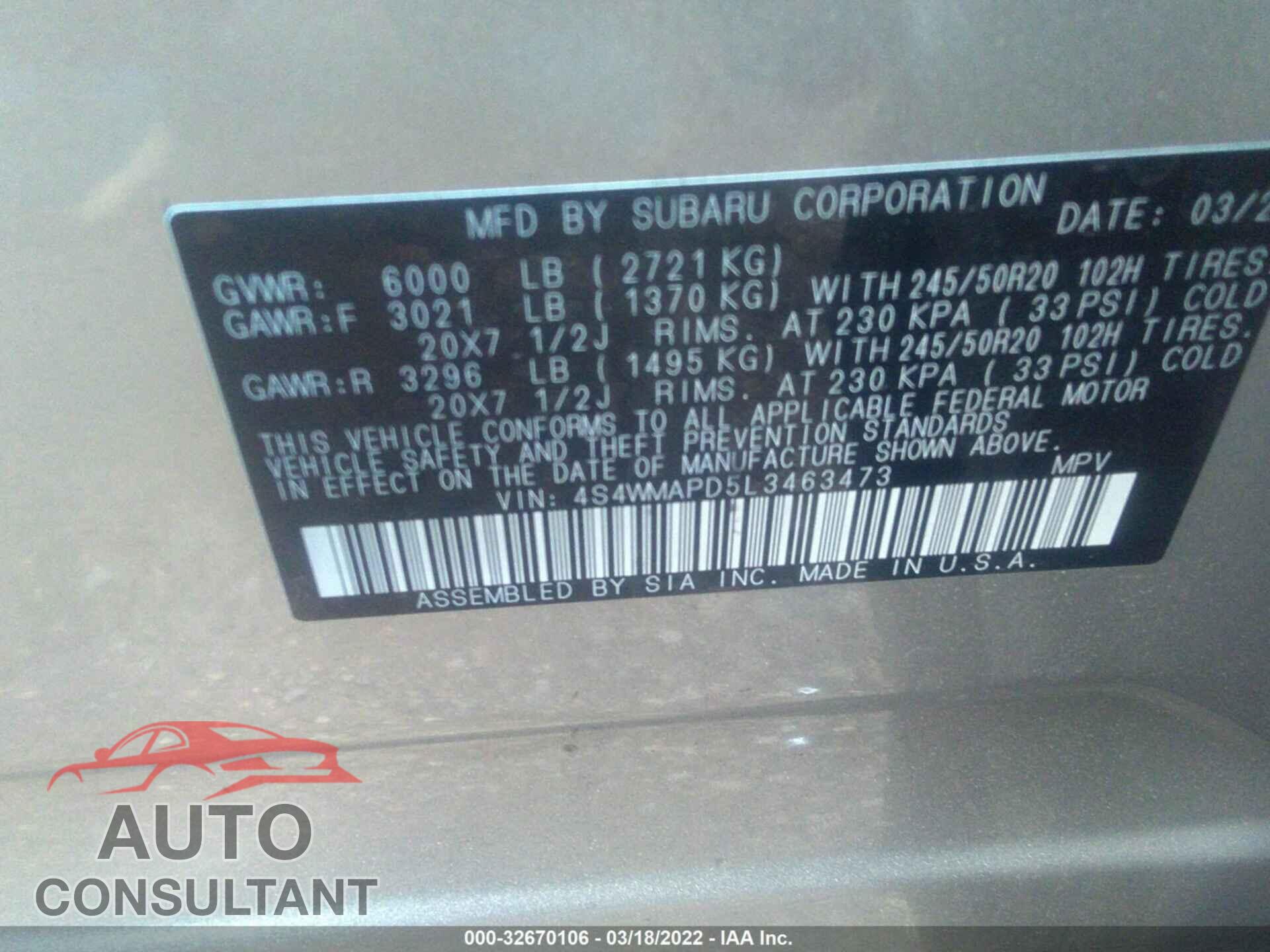 SUBARU ASCENT 2020 - 4S4WMAPD5L3463473