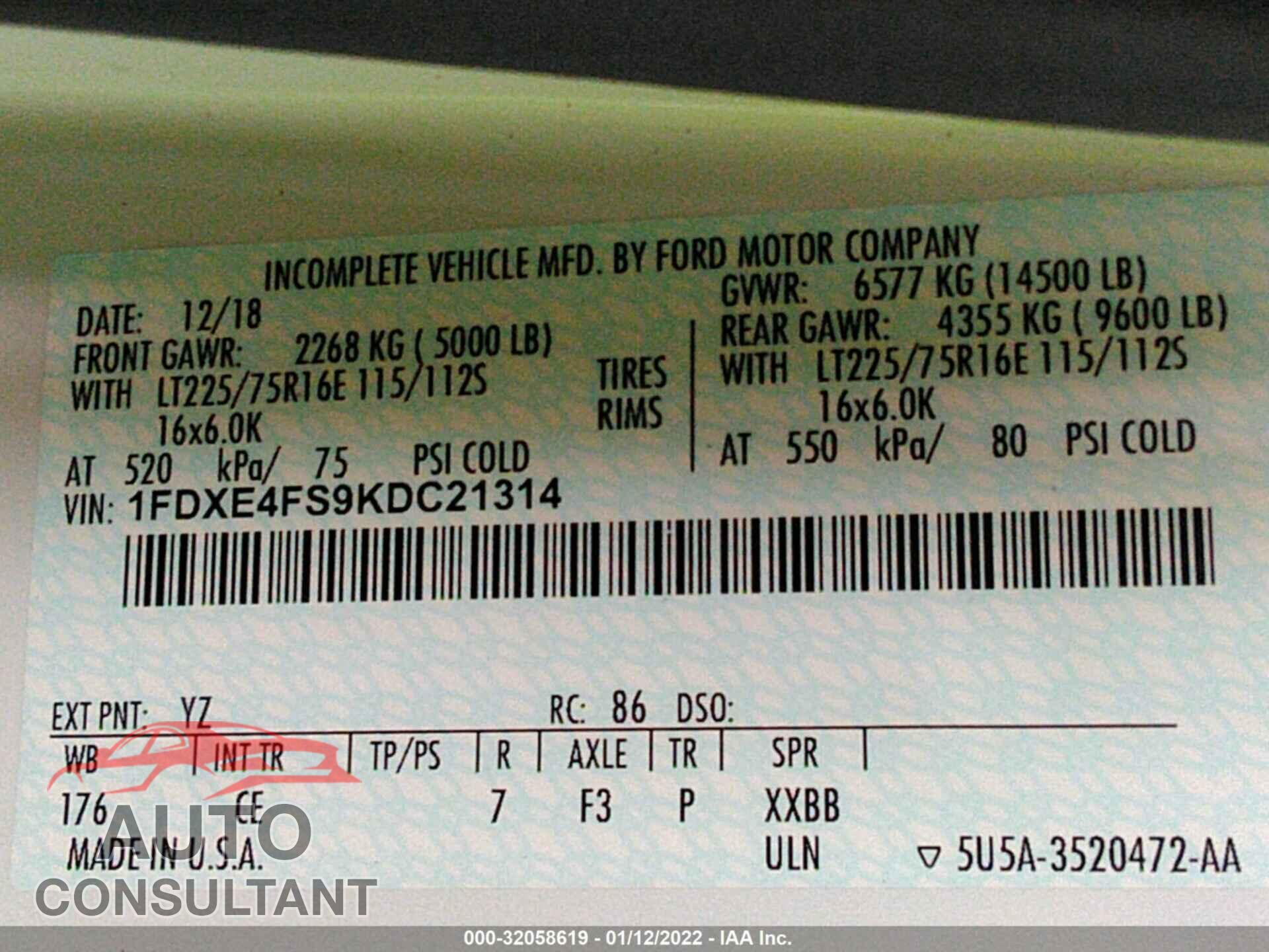 FORD E450 2019 - 1FDXE4FS9KDC21314