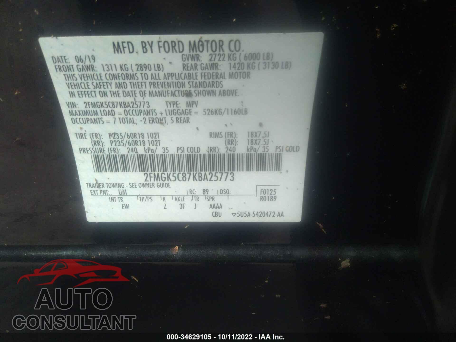 FORD FLEX 2019 - 2FMGK5C87KBA25773
