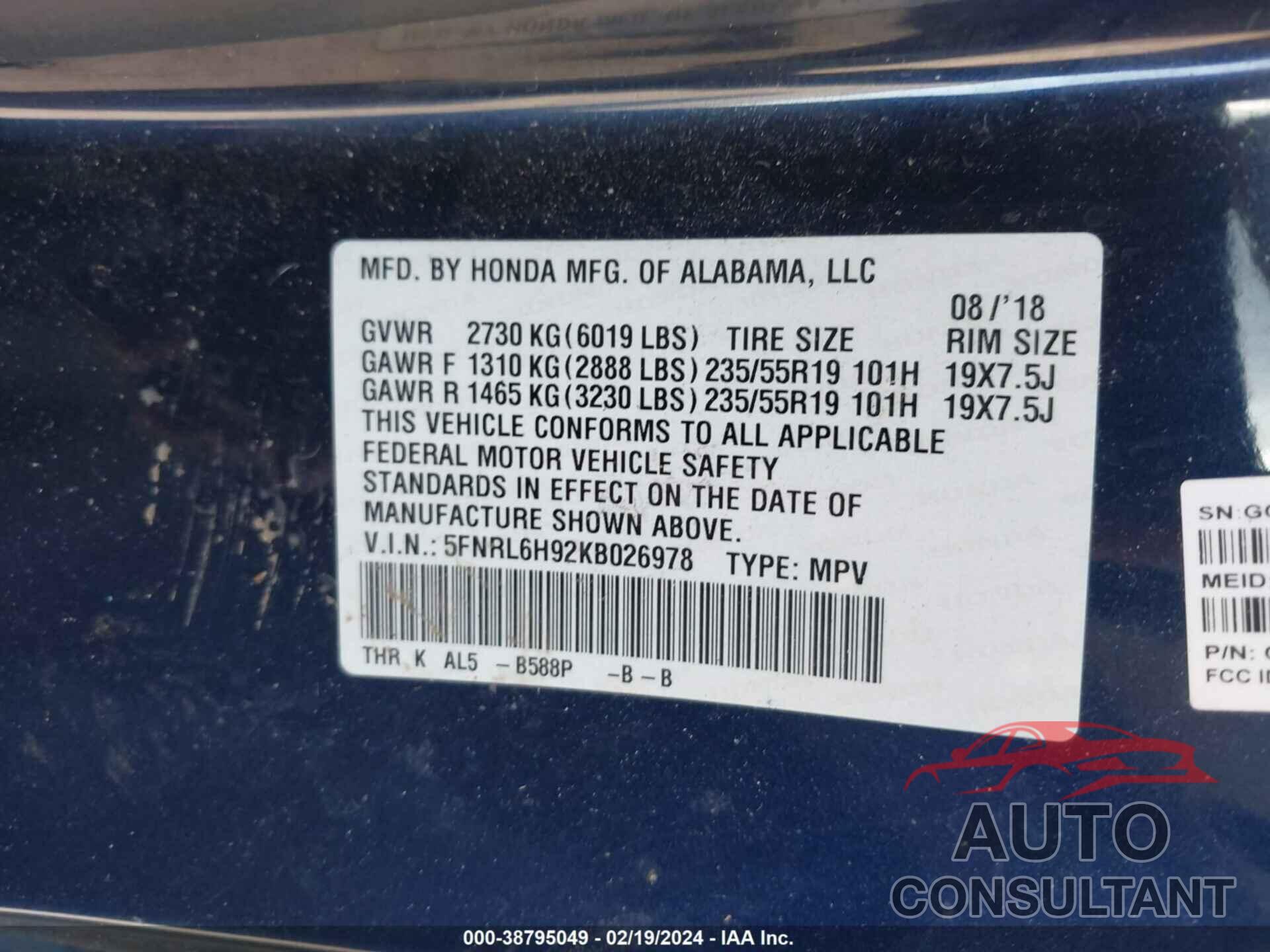 HONDA ODYSSEY 2019 - 5FNRL6H92KB026978