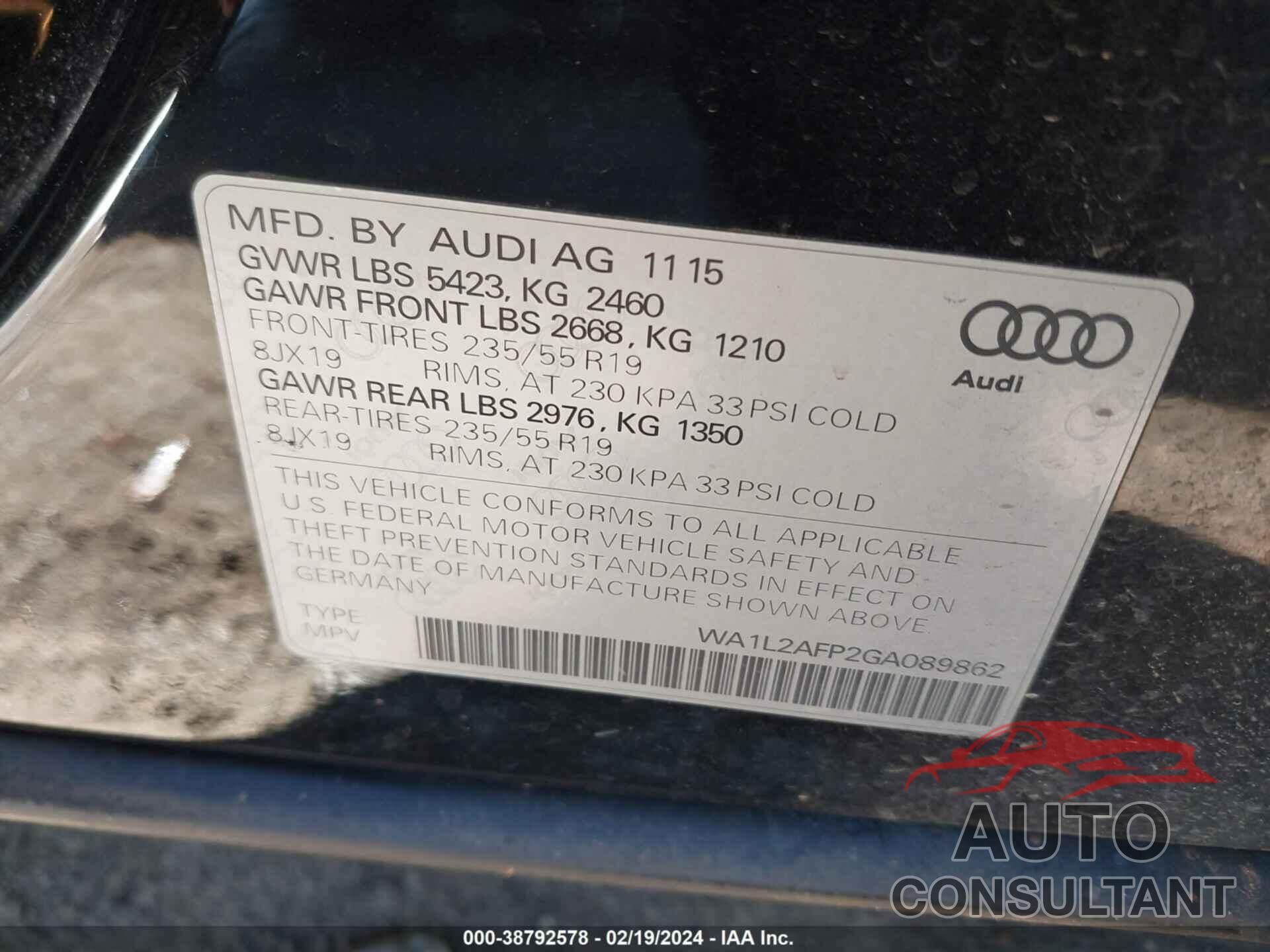 AUDI Q5 2016 - WA1L2AFP2GA089862