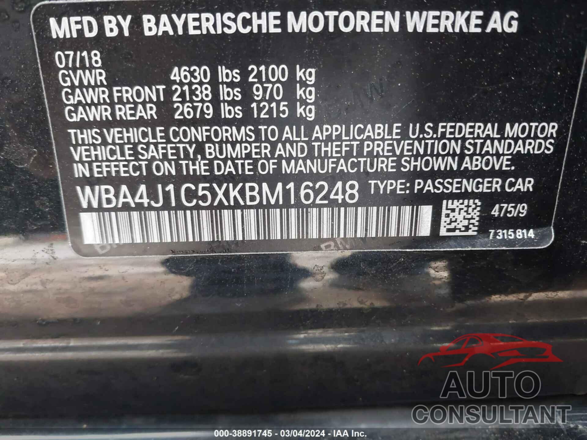 BMW 430I 2019 - WBA4J1C5XKBM16248
