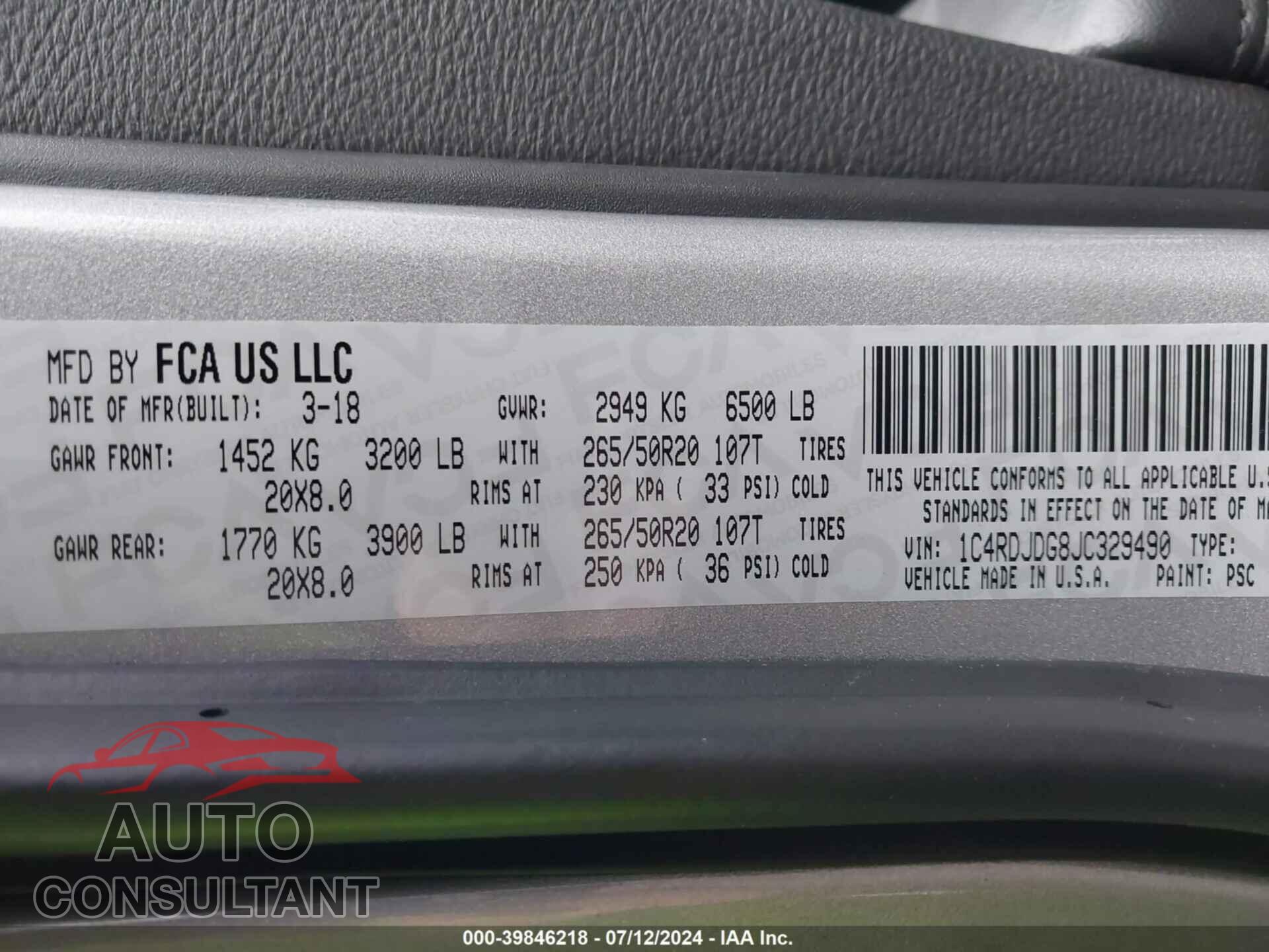 DODGE DURANGO 2018 - 1C4RDJDG8JC329490