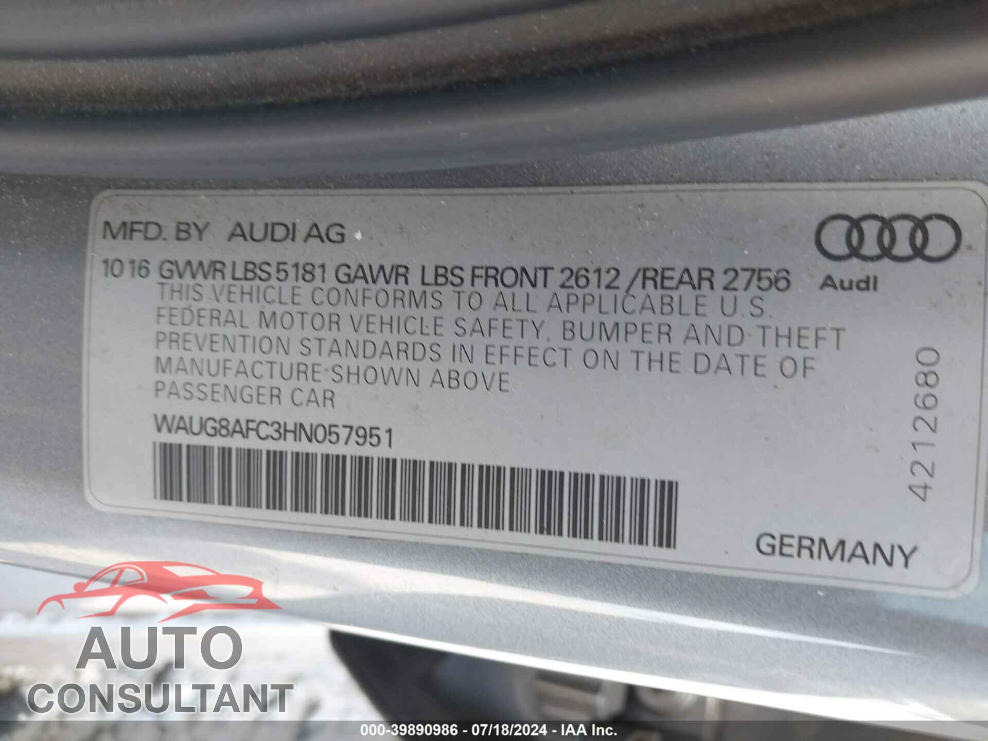 AUDI A6 2017 - WAUG8AFC3HN057951