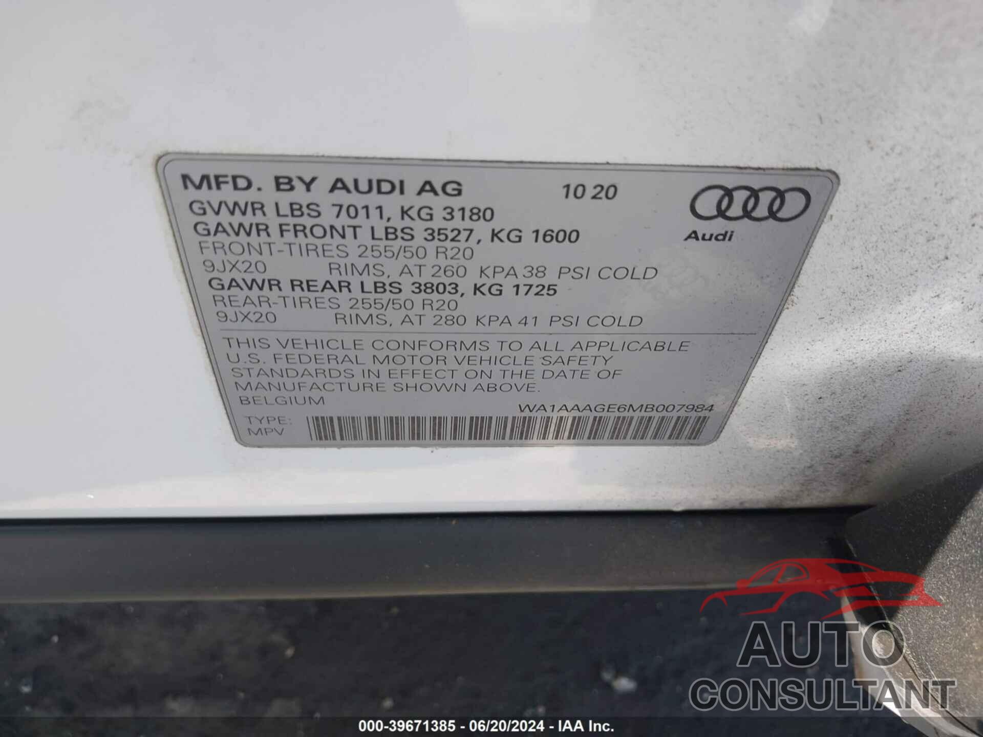 AUDI E-TRON 2021 - WA1AAAGE6MB007984