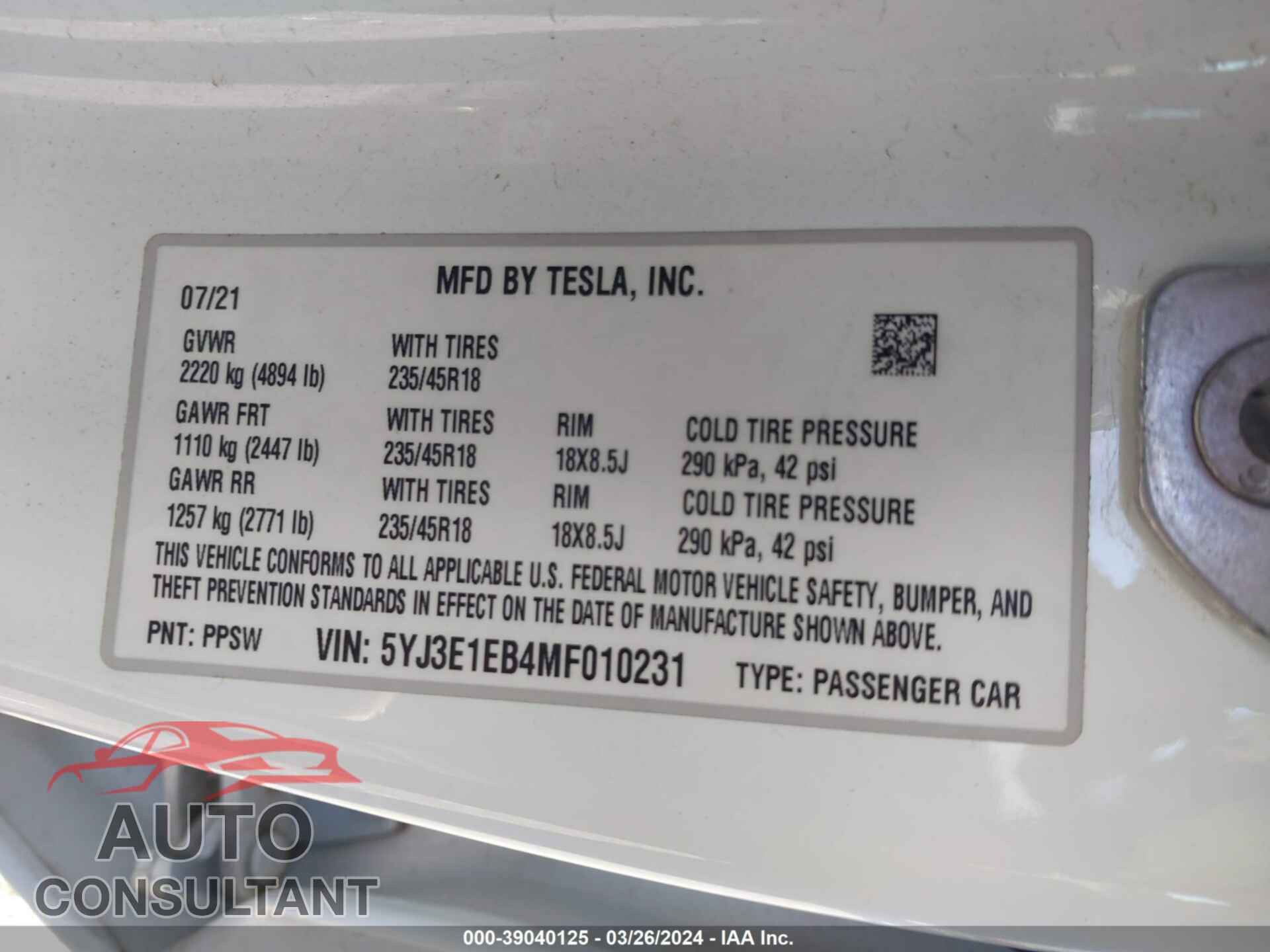 TESLA MODEL 3 2021 - 5YJ3E1EB4MF010231
