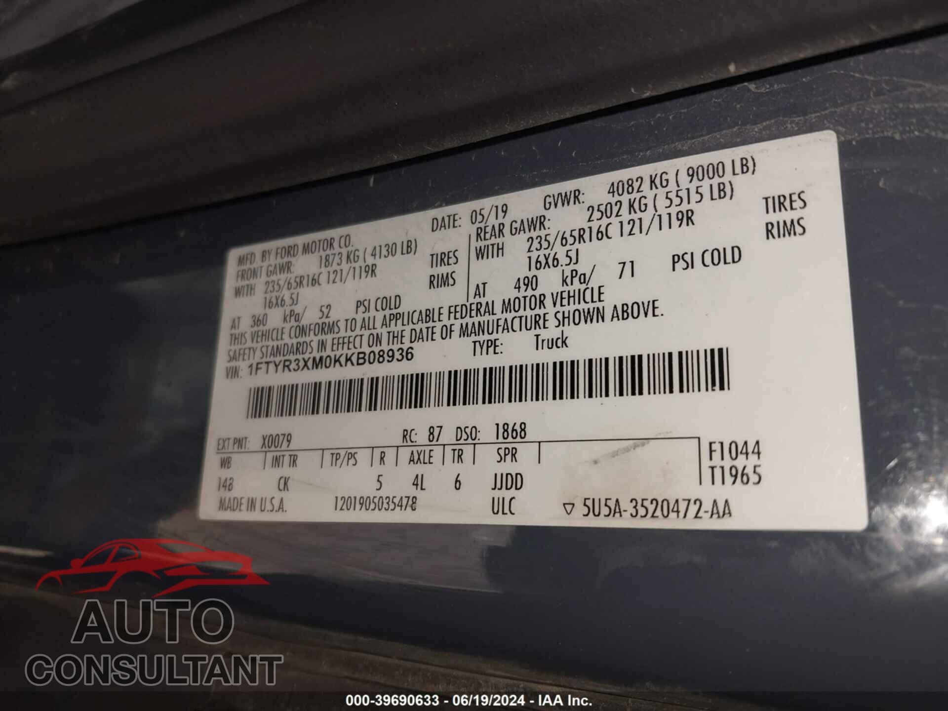 FORD TRANSIT-250 2019 - 1FTYR3XM0KKB08936