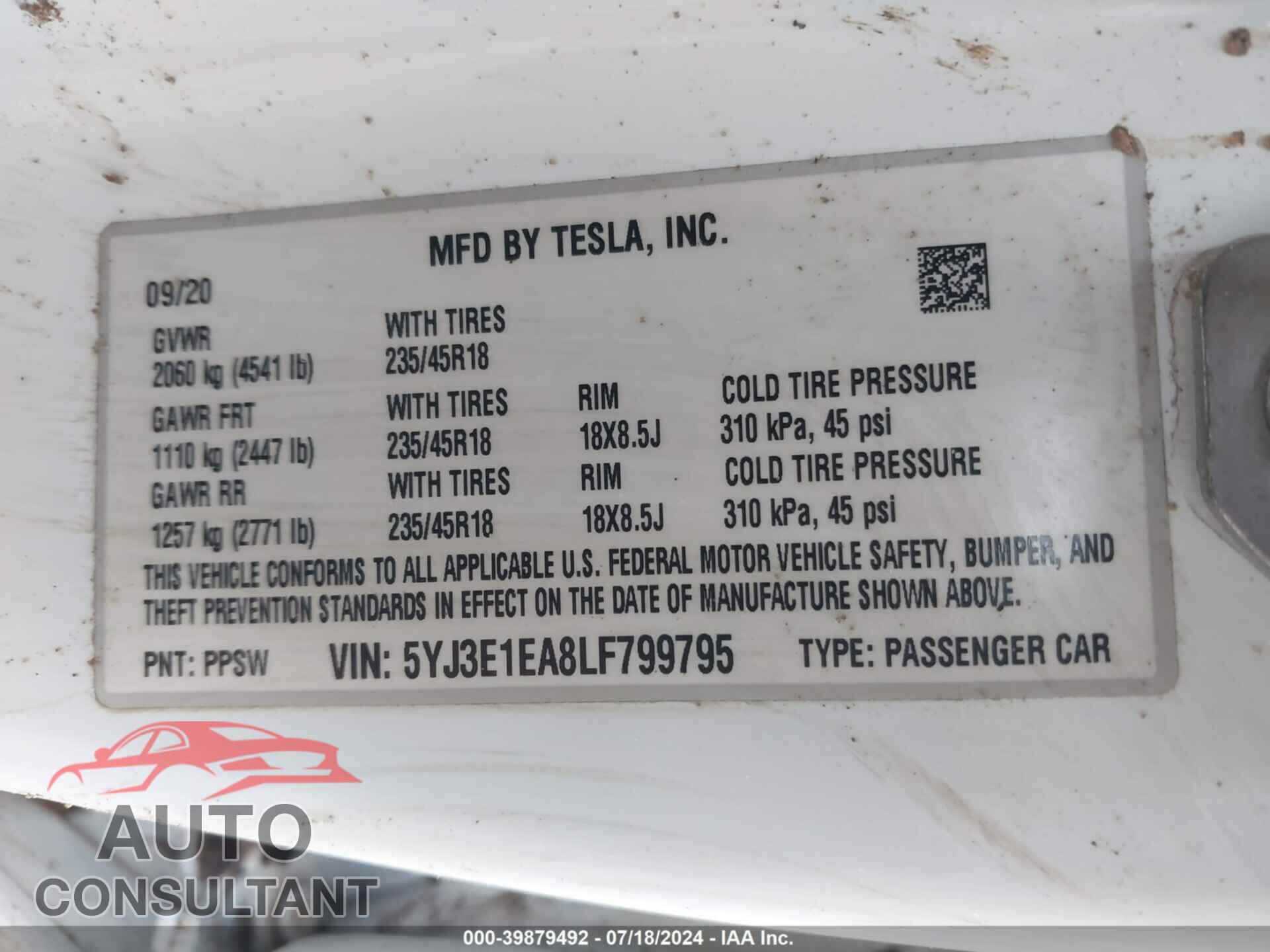 TESLA MODEL 3 2020 - 5YJ3E1EA8LF799795