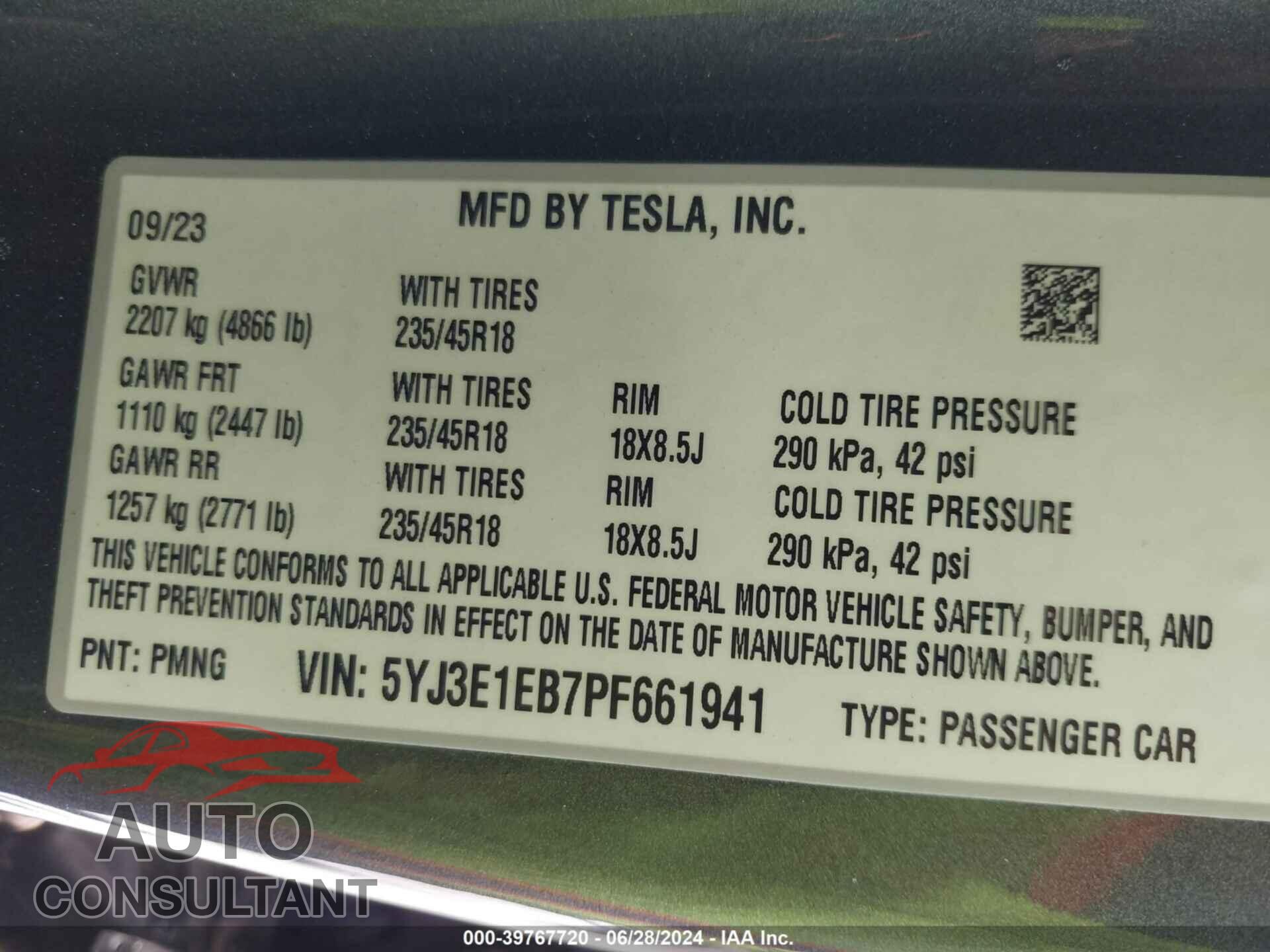 TESLA MODEL 3 2023 - 5YJ3E1EB7PF661941