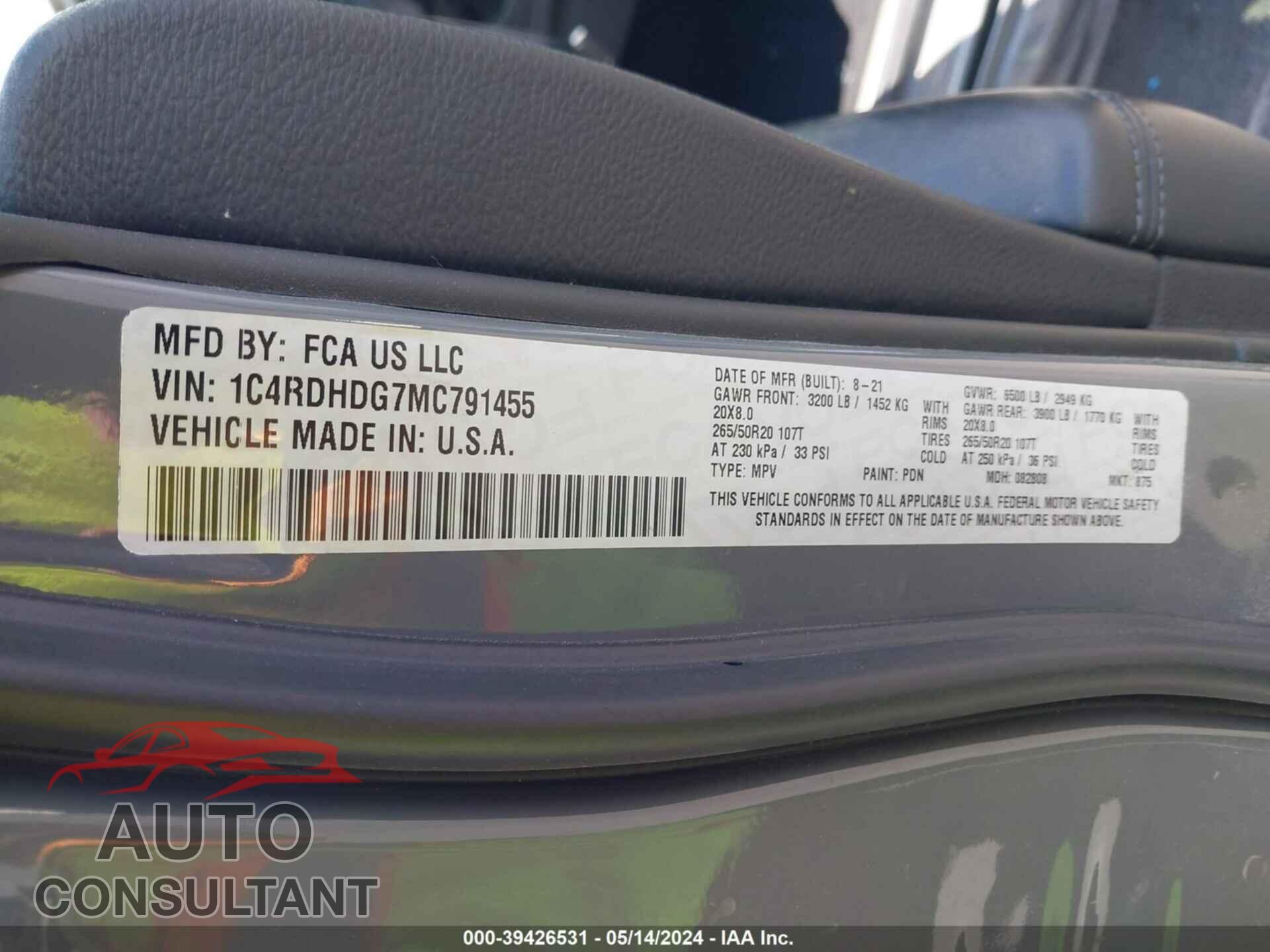 DODGE DURANGO 2021 - 1C4RDHDG7MC791455