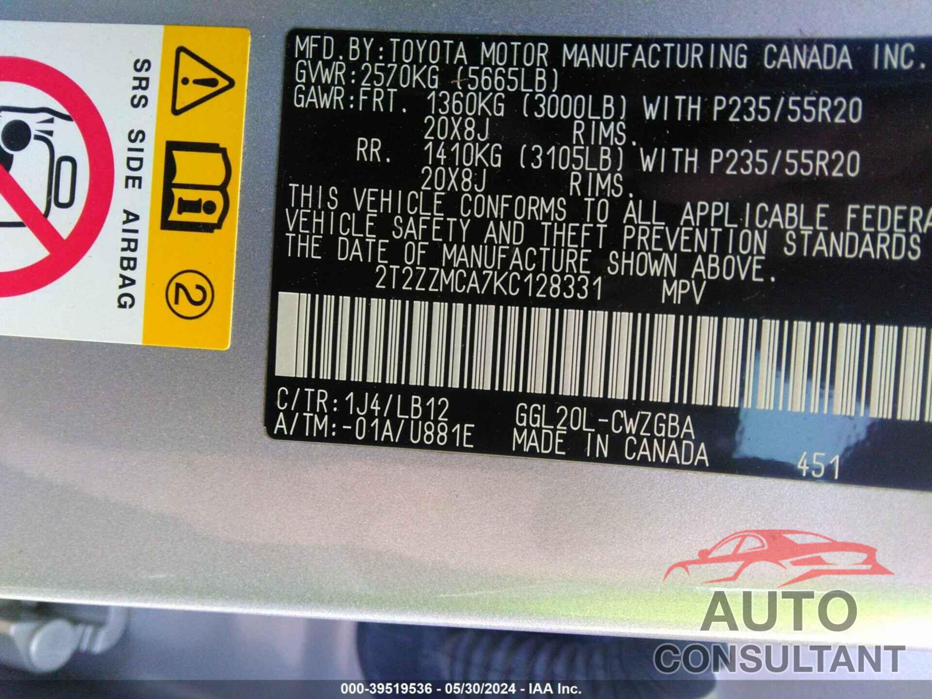 LEXUS RX 350 2019 - 2T2ZZMCA7KC128331